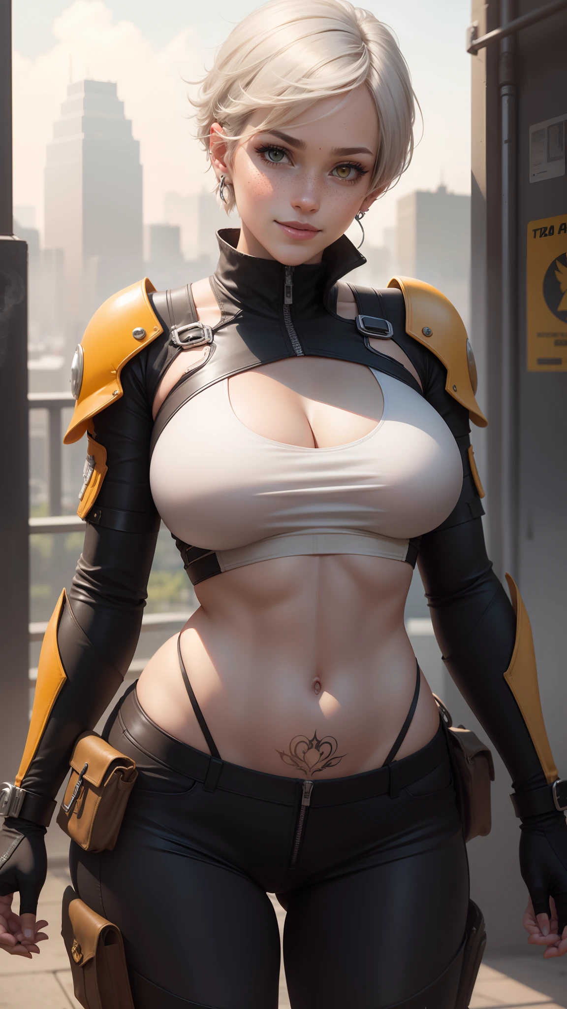 gwen tennyson,tracer,rebecca chambers, albedo,atelier ryza,nier automata,close up,mecha pilot,city view,tattoos,silver and orange plugsuit,white short sleeve lycra top,white cargo pants,uncovered belly,short hair,cute makeup,yellow eyes,dimensional silver hair,shy smile, freckles,beautiful girl,large breasts,4k hd,ultra detailed,realistic,fantasy art,military uniform,aviator uniform, racoon city,pilot garb,steel armor,ear piercings,hair pin,