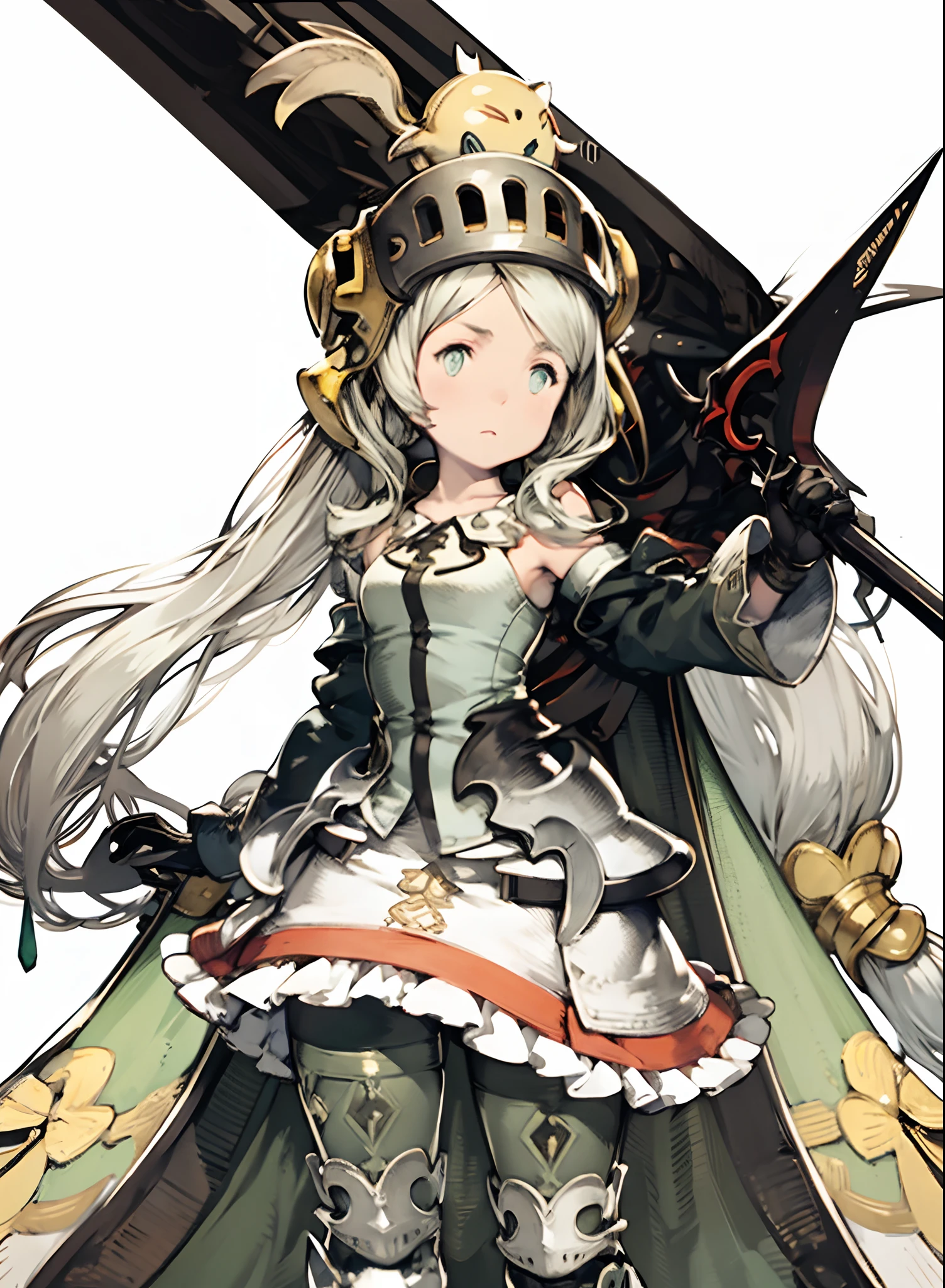 yoshida akihiko, 1girl, bravely default: flying fairy, bravely default \(series\), Nier, final fantasy, light green eyes, helm, black sword, low pigtails