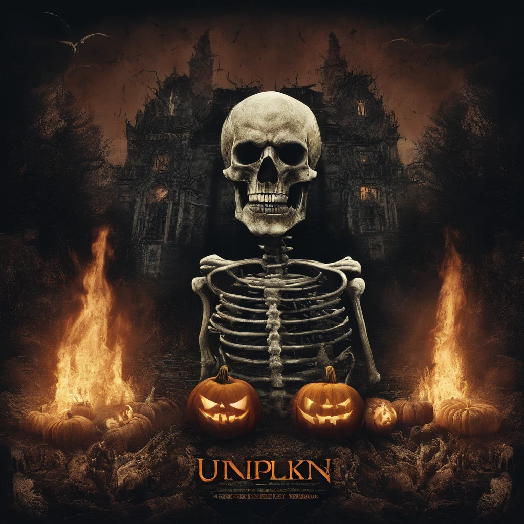 Pumpkin Little Monster movie poster,Cute little skeletons,plethora of colors,colorful,Highest image quality,Cinematic texture,A masterpiece,tmasterpiece,Fireworks in the background