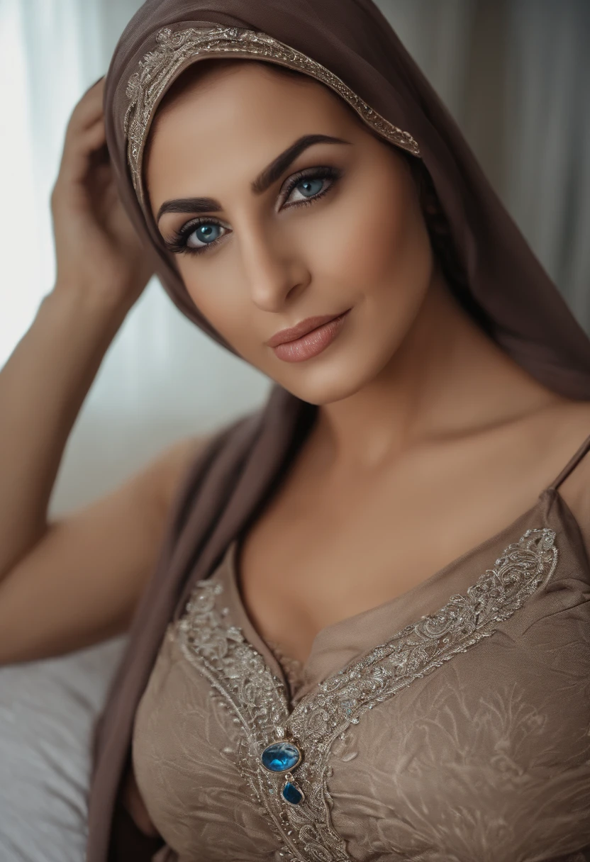 arafed woman naked, sexy girl with blue eyes and hijab, large eyes, selfie of a arabic milf , bedroom eyes,without makeup, natural makeup, looking directly at the camera, subtle makeup, stunning full body shot, big breasts naked, naked, naked,