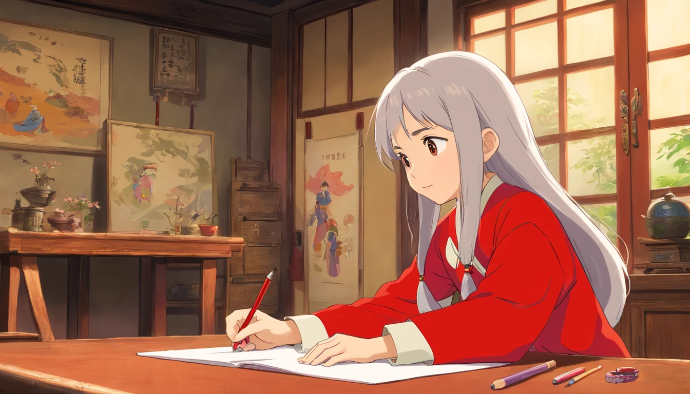 A 6-year-old Chinese girl is drawing, Long hair, Front right perspective, Half-body diagram,Set against the backdrop of a room at home, A white-haired grandfather watching the little girl draw next to him,The little girl is dressed in a red Zhuang costume, shot from a far distance,