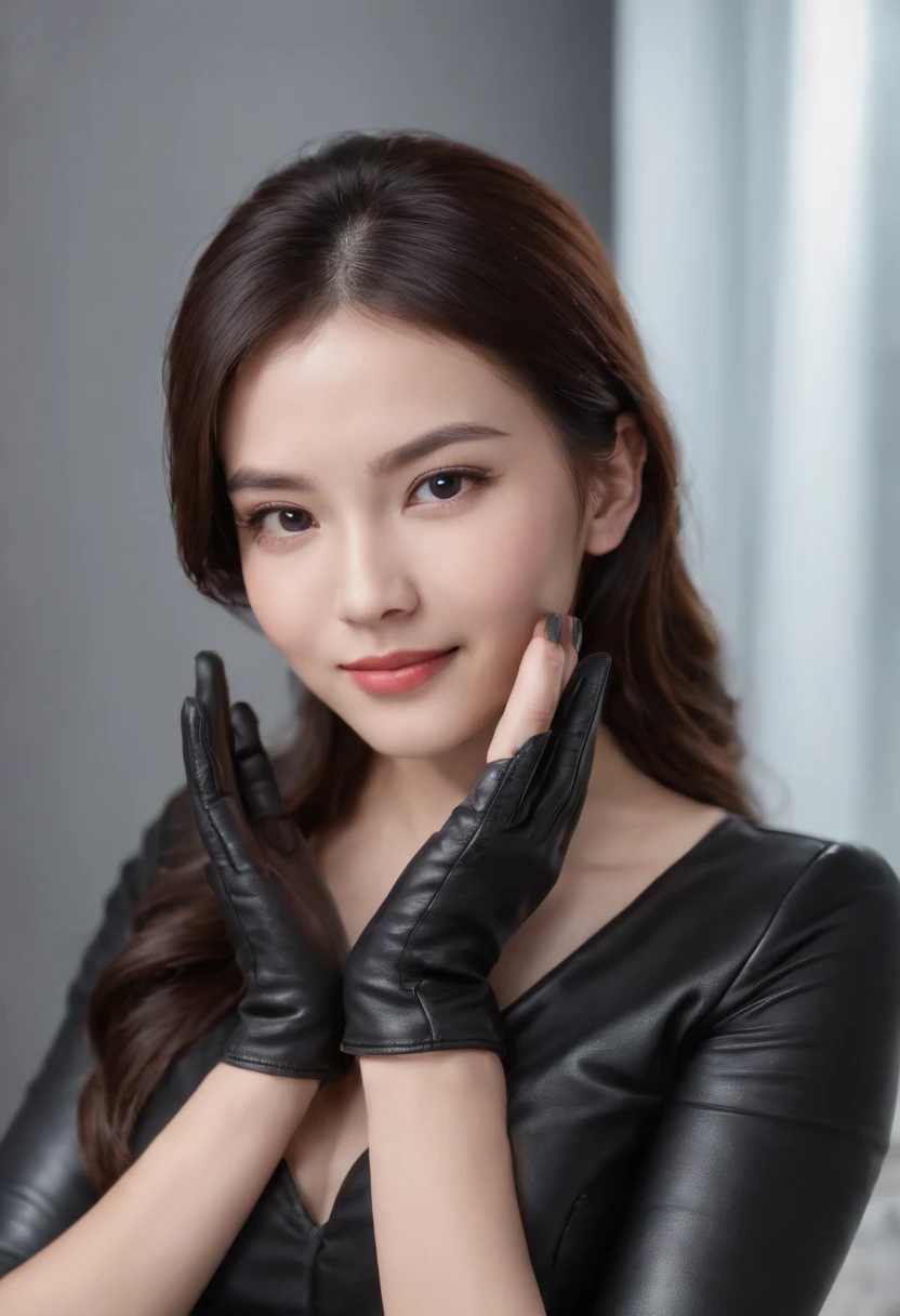Wearing black leather gloves in both hands, upper body, full nude, open front of black business suit, exposed boobs, facing the desk in my room with a computer in the dark, smiling, operating while looking at the screen with the fingertips of black leather gloves, black hair bundled in the back for a long time, Japanese female new employee with a young and very cute face (black leather gloves cover both hands)