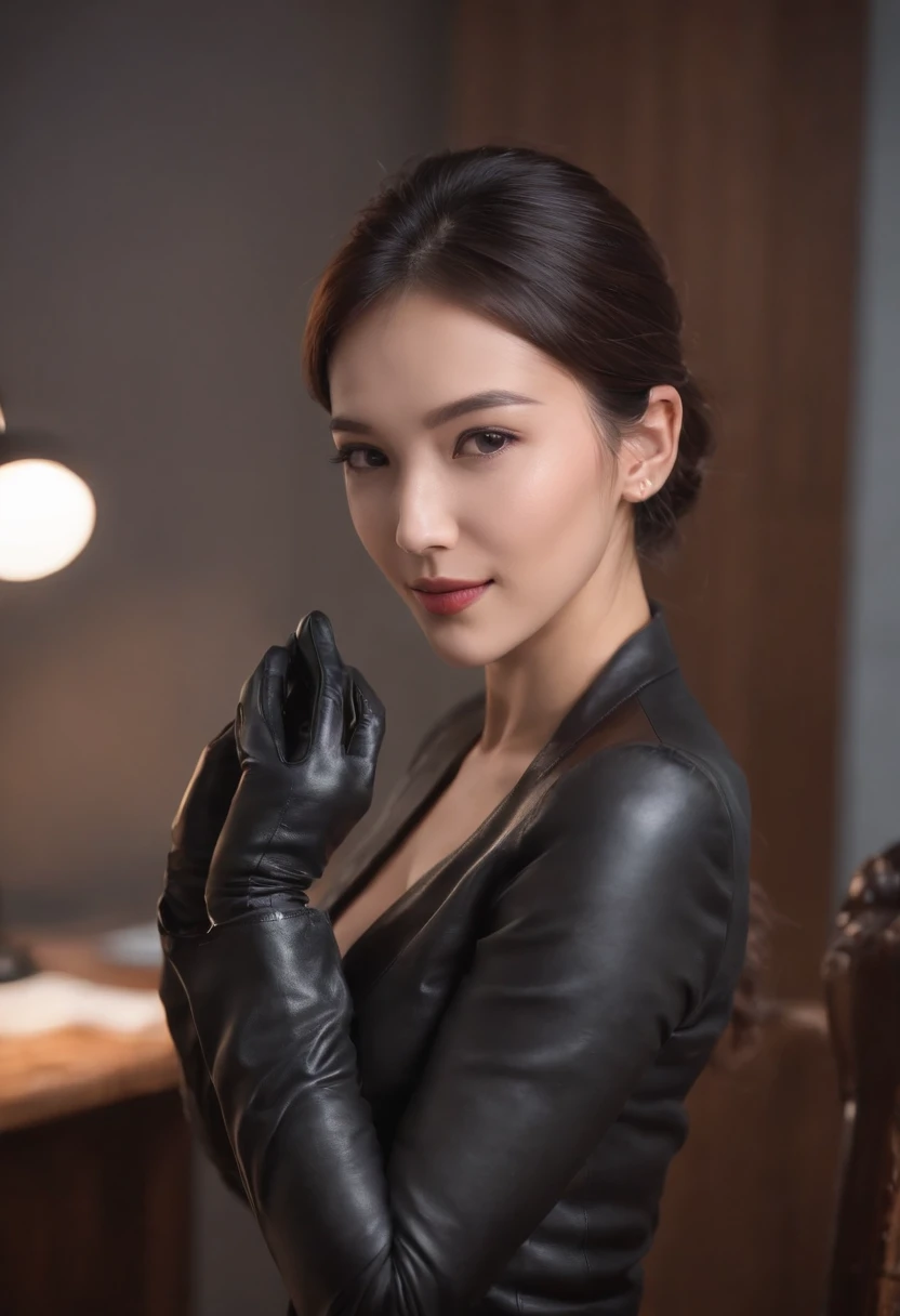 Wearing black leather gloves in both hands, upper body, full nude, open front of black business suit, exposed boobs, facing the desk in my room with a computer in the dark, smiling, operating while looking at the screen with the fingertips of black leather gloves, black hair bundled in the back for a long time, Japanese female new employee with a young and very cute face (black leather gloves cover both hands)