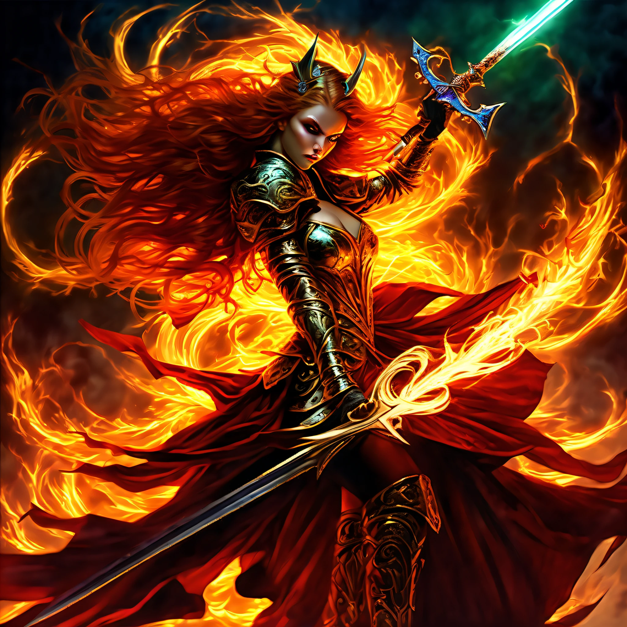 (((ultimate embodiment of evil aesthetics illustration:1.3))), (((evil spirit girl of beauty evil knight:1.3))), (((acrobatic pose with a strong grip on a sinisterly shining sword:1.3))), immortal coating, eyes glowing with malice, exuding an aura of fear and intimidation, surrounded by a legion of demonic creatures in the depths of hell, malevolent deity of destruction, casting a menacing shadow over a desolate landscape, foreboding colors, ready to unleash chaos upon the world, impeccable quality, highest quality, highly quality, best quality, sharpness and clarity unmatched, (((radiosity rendered in stunning 32k resolution, :1.3))), intricate insane details, extremely insane detail, beautiful detailed glow, multilayered, meticulously detailed, (intricate insane details painting:1.3), digital coloring, rich colors, dark fantasy realistic, fantastic realism, professional art work, mixed media,