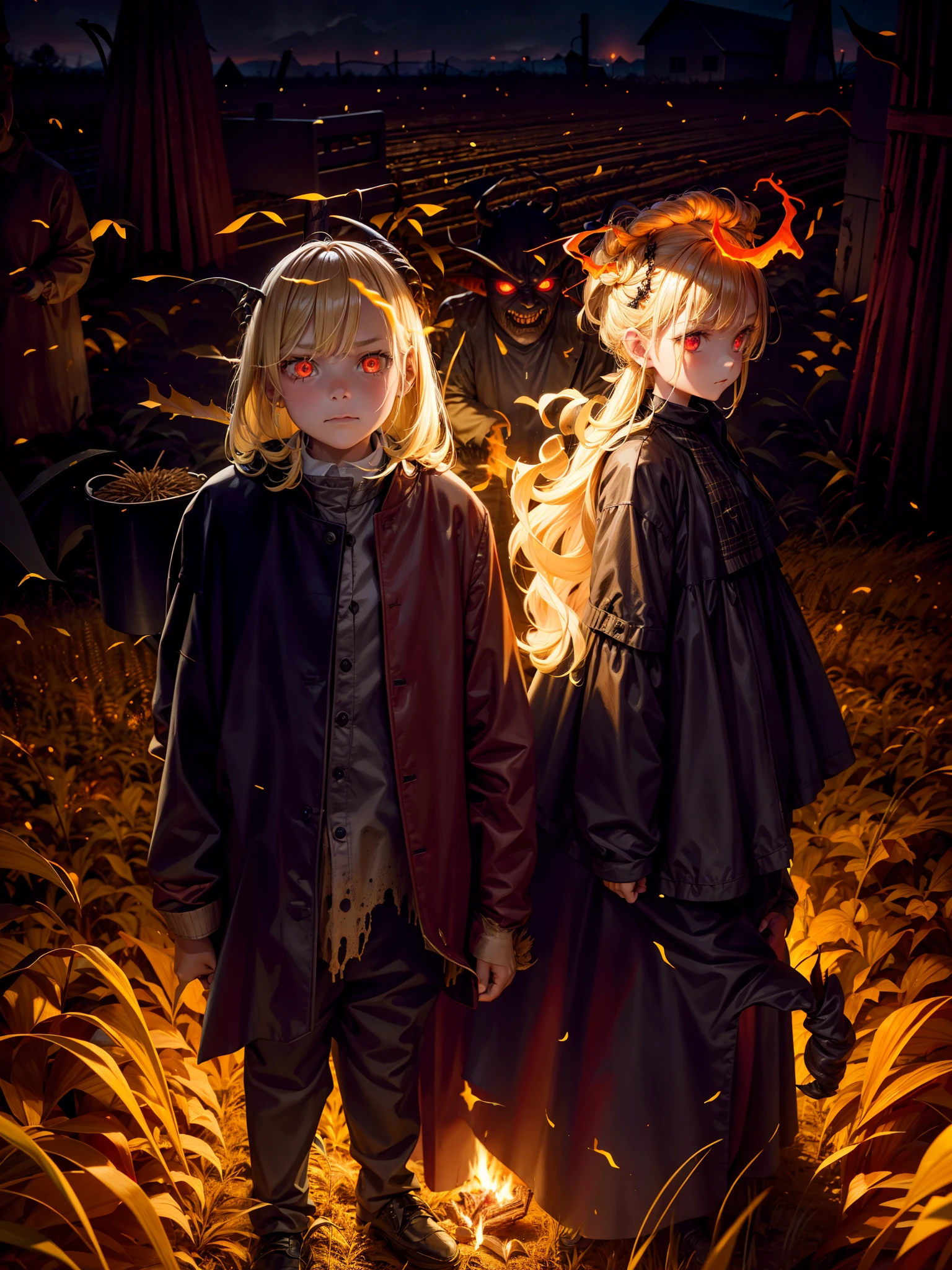 9 girl, dirty-blonde hair, standing beside demonic creature, demonic, straw, night, fall weather, dark, creepy, cornfield, field on fire, rain, glowing red eyes, horror, scary, fire in shape of pentagrams,
