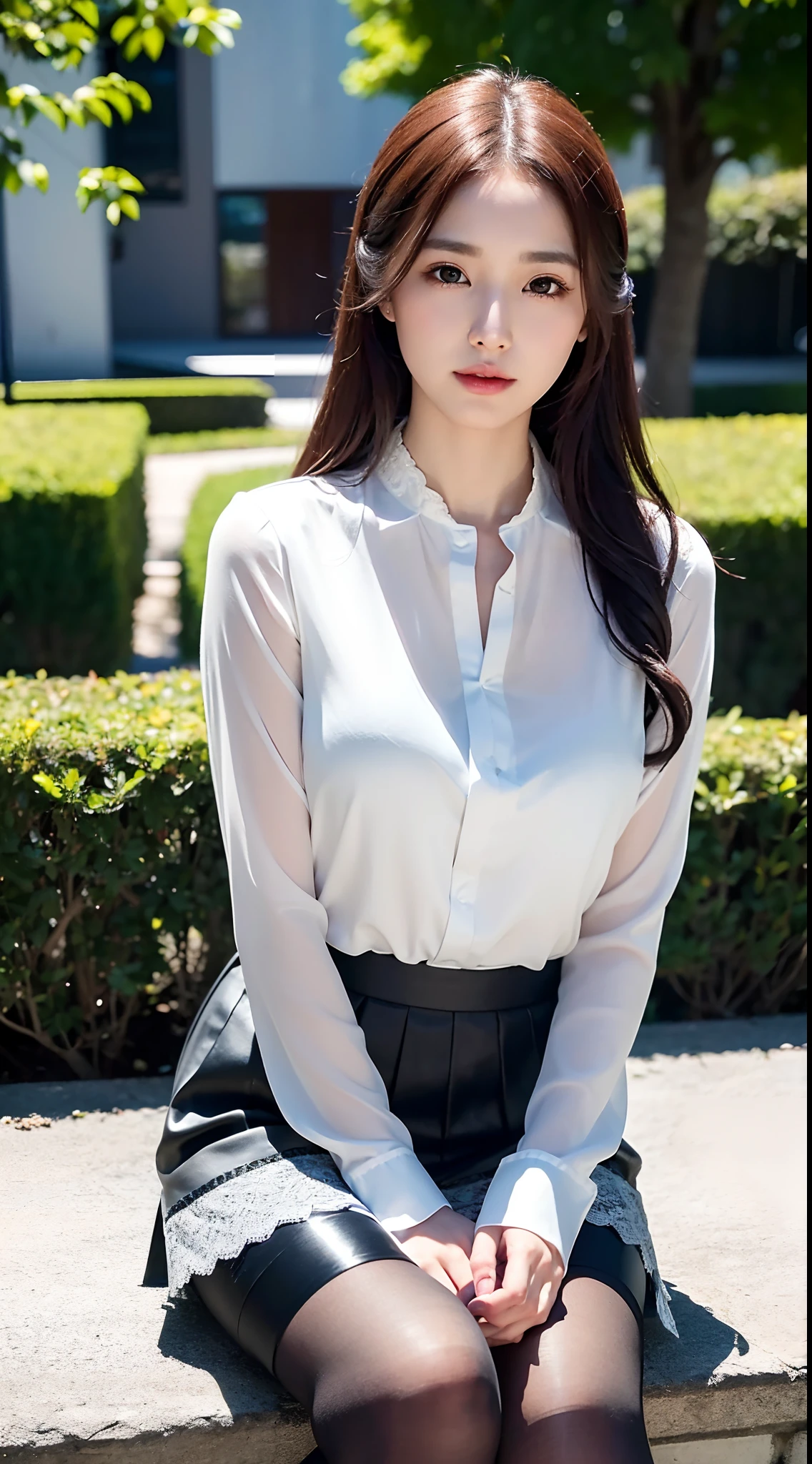 Upper class woman sitting on beautiful park lawn with purse and handbag, Sitting, (No bra)、Wearing an ultra-thin silk blouse over naked、jaw-dropping beauty、 thighhighs and skirt, (Wearing pantyhose、Ultra-realistic pantyhose)、elegant japanese woman, Ultra-thin white shirt and gray skirt, transparent gray skirts, Japanese Models, Wearing a blouse, japanese city street fashion, japanese street fashion, dressed with long fluent clothes, dressed with fluent clothes, very pretty model, Wearing a white blouse, Cute elegant pose、A smile、 Raw photo, (in 8K、top-quality、masterpiece:1.2)、(intricate detailes:1.4)、(Photorealsitic:1.4)、octane renderings、Complex 3D rendering ultra detail, Studio Soft Light, Rim Lights, vibrant detail, super detailing, realistic skin textures, Detail Face, Beautiful detail eyes, Very detailed CG Unity 16k wallpaper, make - up, (detailedbackground:1.2), Realistic skin feeling、shinny skin、Exposed thighs!!!、