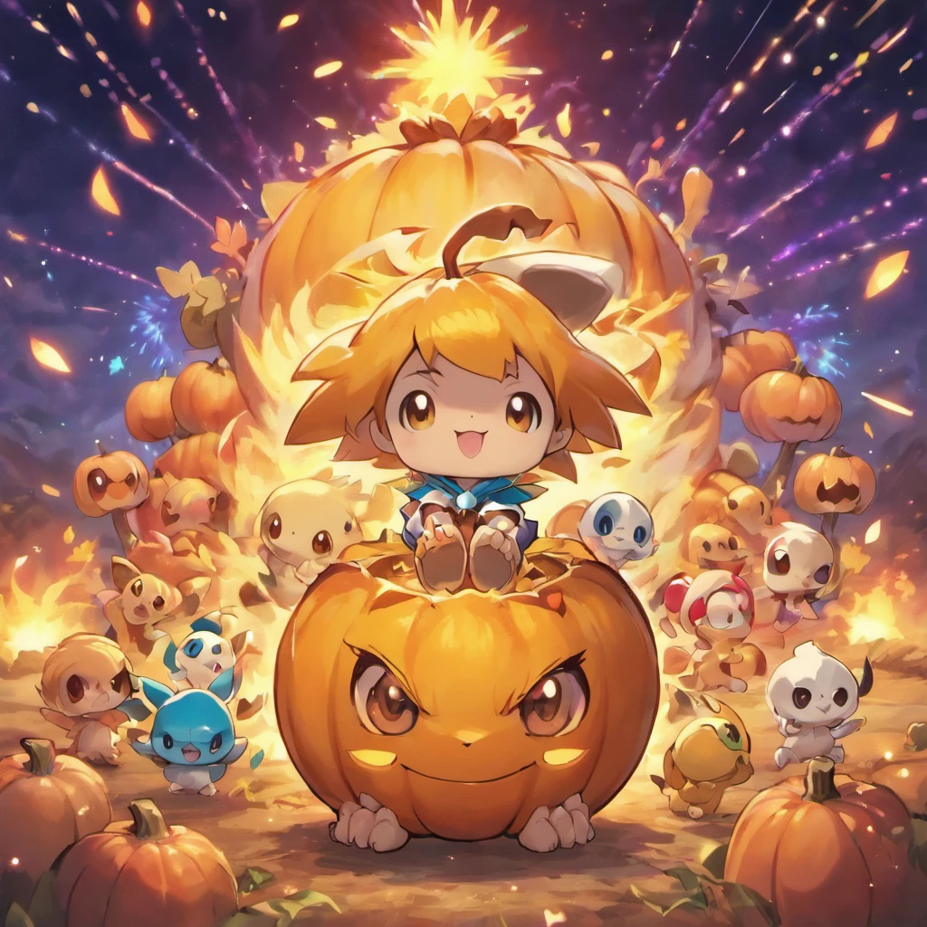Pumpkin Little Monster movie poster,Cute little skeletons,plethora of colors,colorful,Highest image quality,Cinematic texture,A masterpiece,tmasterpiece,Fireworks in the background