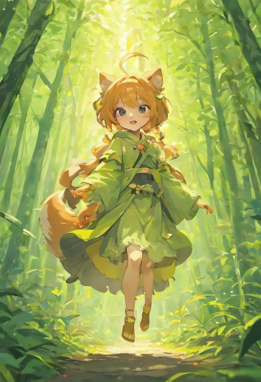 Play scene in the forest:The picture shows a lush forest,The tall trees and the light and shadow of the sunlight shining through the leaves have small squirrels、little bear、bunny、The little fox、baby cats,In the middle of the picture, a small monkey is performing on stilts,The animals are playing,Some are chasing and playing,Some are observing the monkeys' performances。