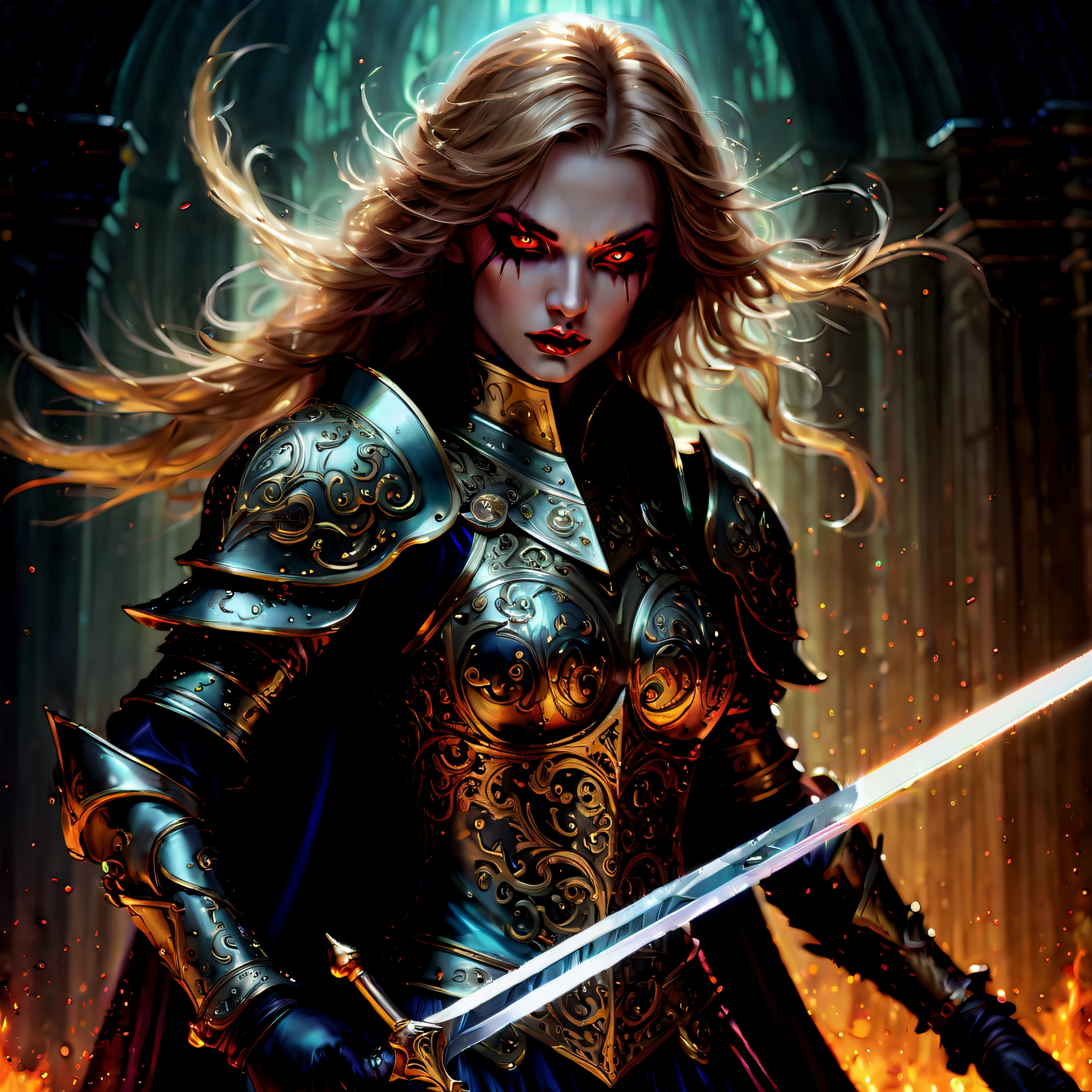 standing, a arrogant woman with eyes and long hair and leg and feet and big bust, Warhammer universe, anime design, wearing luxurious military lord captain garment, with grim dark elements, in a detailed darkened backdrop, surrounded by chains, blood,commoners