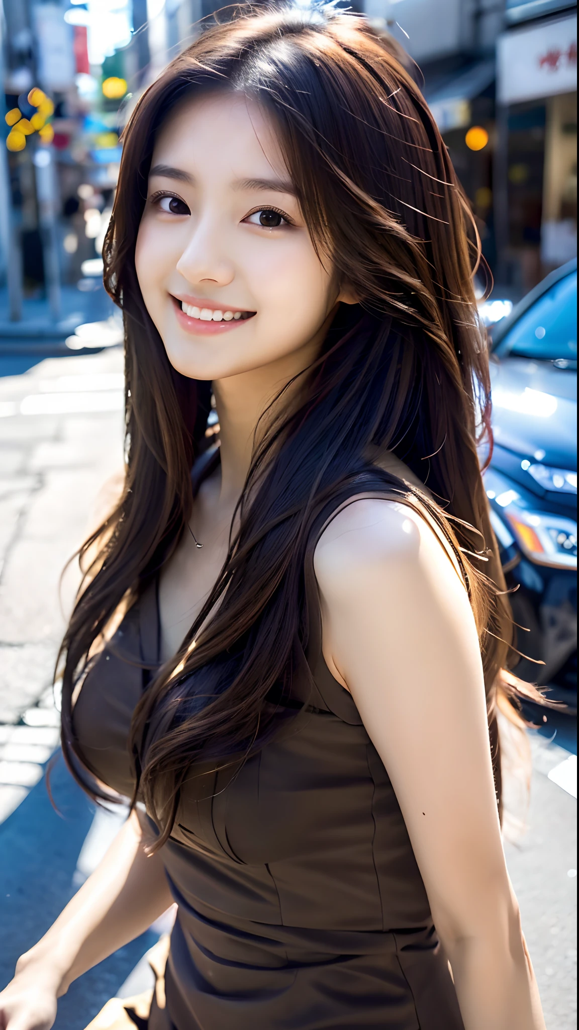 An ultra-high picture quality,(Japan Beauty),22year old,Official art,((semi long hair)),((Dark brown hair)),(Side),A detailed face(Face like the real thing),detailed hairs,Realistic skin,Fine-grained skin(realskin)Beautiful detailed eyes,Realistic eyes,profetional lighting,Beautiful skin,Beautiful face,foco nítido,Street background(Awesome view backgrounds),Raw foto,A slight smil,((Tight Dress)),Slim body
