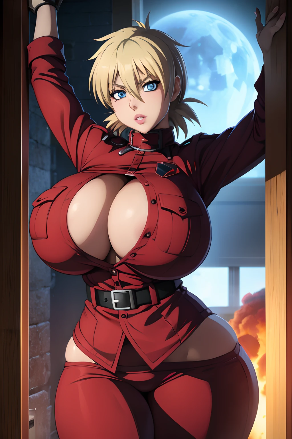 Hellsing Ultimate, 3D art style, Seras Victoria, 1girl, ((bimbo))), short blond hair, blue eyes, puffy lips, thick lips, kiss lips, wide , thick thighs, enormous round fake , huge , tight police uniform,  squeezed together, arms up, posing