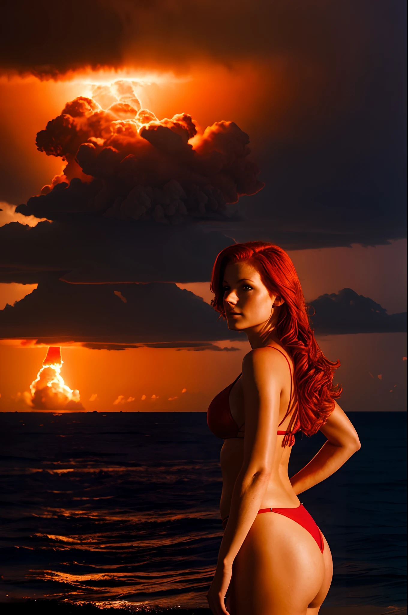 gorgeous redhead woman in bikini, mushroom-cloud in background, red lighting, tropical island overlooking sea, apocalypse, good light