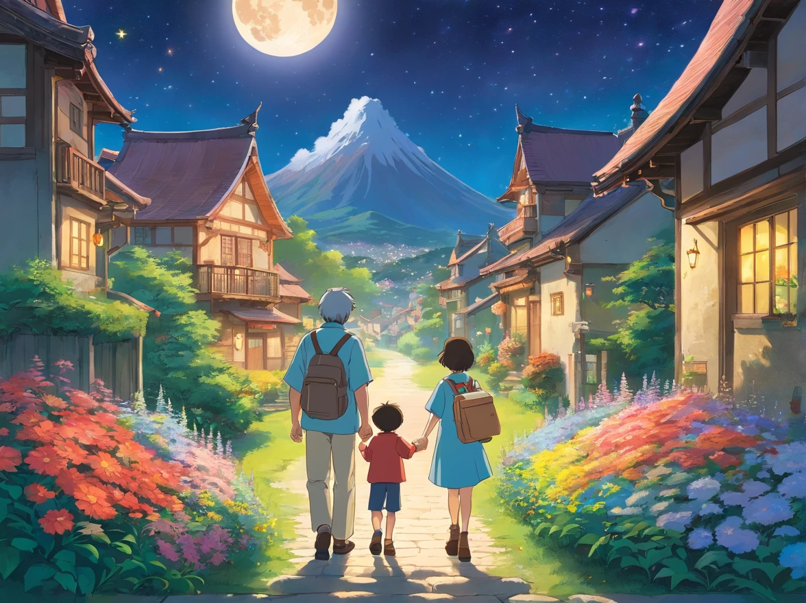 Moon and stars in sky illustration,Father and young son holding hands,The son had a lot of gifts in his hand,Walk on the path full of flowers,exteriors,House scene just around the corner,Minority elements,Heartwarming scene,perfect detail