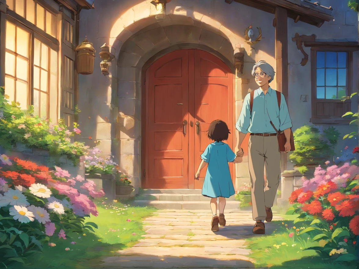 Moon and stars in sky illustration,Father and young son holding hands,The son had a lot of gifts in his hand,Walk on the path full of flowers,exteriors,House scene just around the corner,Minority elements,Heartwarming scene,perfect detail