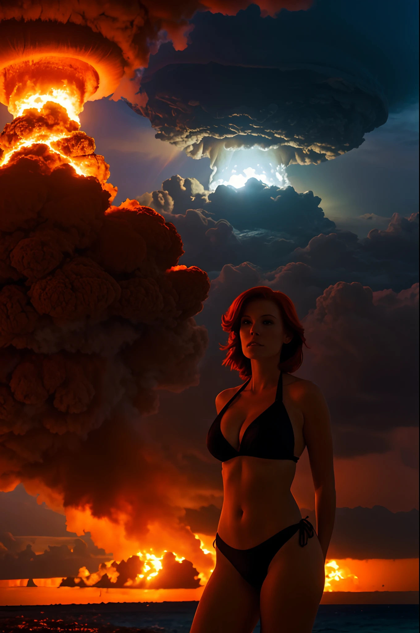 gorgeous redhead woman in bikini, mushroom-cloud in background, red lighting, tropical island overlooking sea, apocalypse, good light