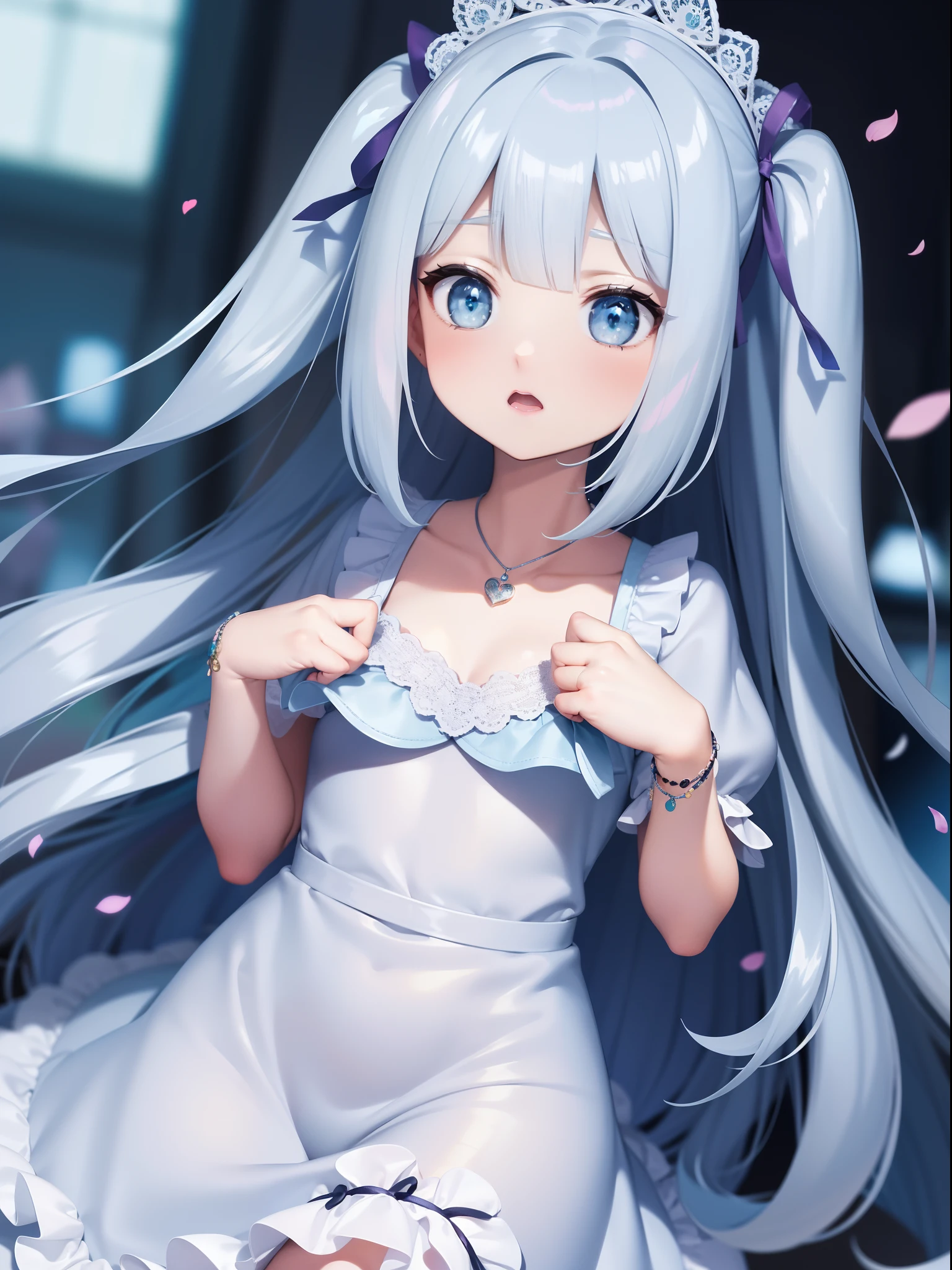 shopping in caddy shop, masterpiece, best quality, ultra-detailed, illustration, 1girl, solo, close-up, ((surprised)), (glowing blue_eyes:1.3), open_mouth, blush, eyebrows_visible_through_hair, long_hair, hair_ribbon, ribbon, frills, lace, white_dress, cute, soft_shading, watercolor, pastel_colors, flower, petals, bokeh, (big sized accessory on hair:1.3), necklace,