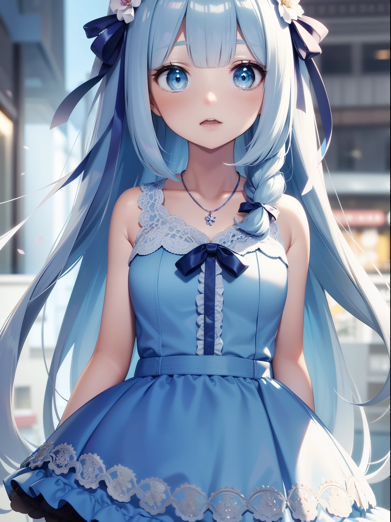 shopping in caddy shop, masterpiece, best quality, ultra-detailed, illustration, 1girl, solo, close-up, ((surprised)), (glowing blue_eyes:1.3), open_mouth, blush, eyebrows_visible_through_hair, long_hair, hair_ribbon, ribbon, frills, lace, white_dress, cute, soft_shading, watercolor, pastel_colors, flower, petals, bokeh, (big sized accessory on hair:1.3), necklace,