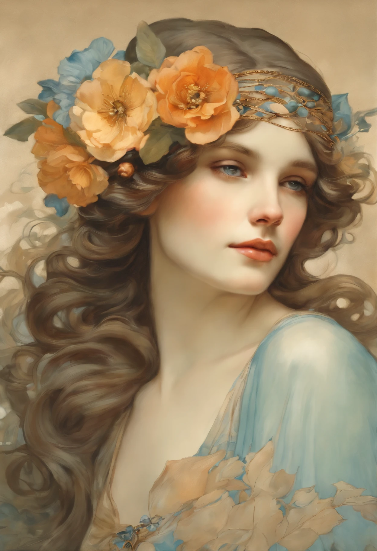 Uma pintura em aquarela super detalhada,Uma mulher bonita com flores em seu cabelo, No estilo de Alphonse Maria Mucha e Gustave Kilmut, Acentos Arte Nova, princesa fada, anthropomorphic female, figura feminina, arte detalhada da capa, Como a deusa das flores, Alphonse Mucha, Gustavo Klimt, pale bluish skin, a marble sculpture, CGSesociedade, gothic art, Arte Nova, Vencedor do concurso Behance