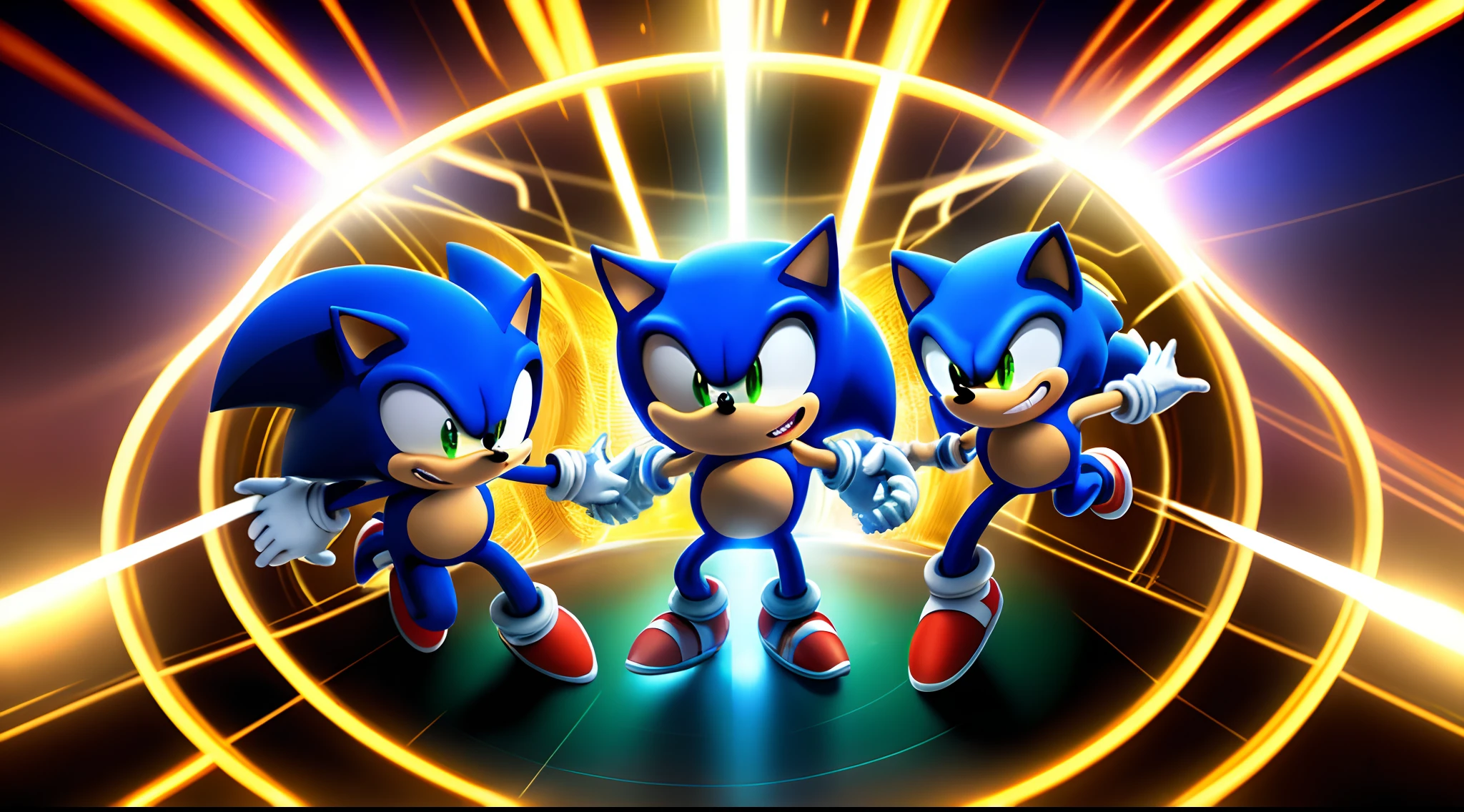 sonic hedgehog, entrando em um portal dimensional . With gold rings around the floor.  Em uma batalha contra robos e o DR.Eggman