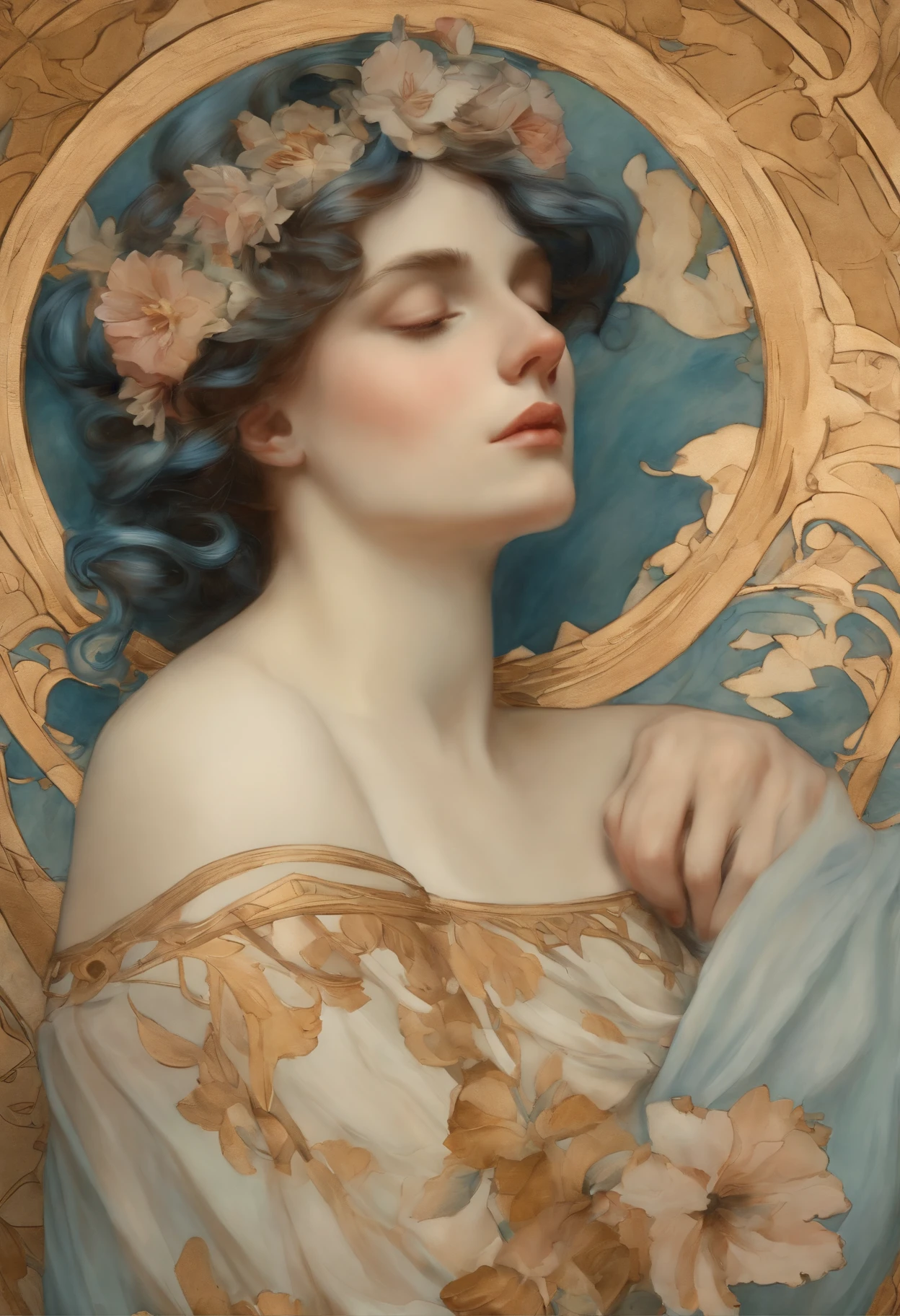 Uma pintura em aquarela super detalhada,Um homem com flores em seu cabelo, No estilo de Alphonse Maria Mucha e Gustave Kilmut, Acentos Arte Nova, principe fada, Anthropomorphic male, figura feminina, arte detalhada da capa, Como o deus das flores, Alphonse Mucha, Gustavo Klimt, pale bluish skin, a marble sculpture, CGSesociedade, gothic art, Arte Nova, Vencedor do concurso Behance