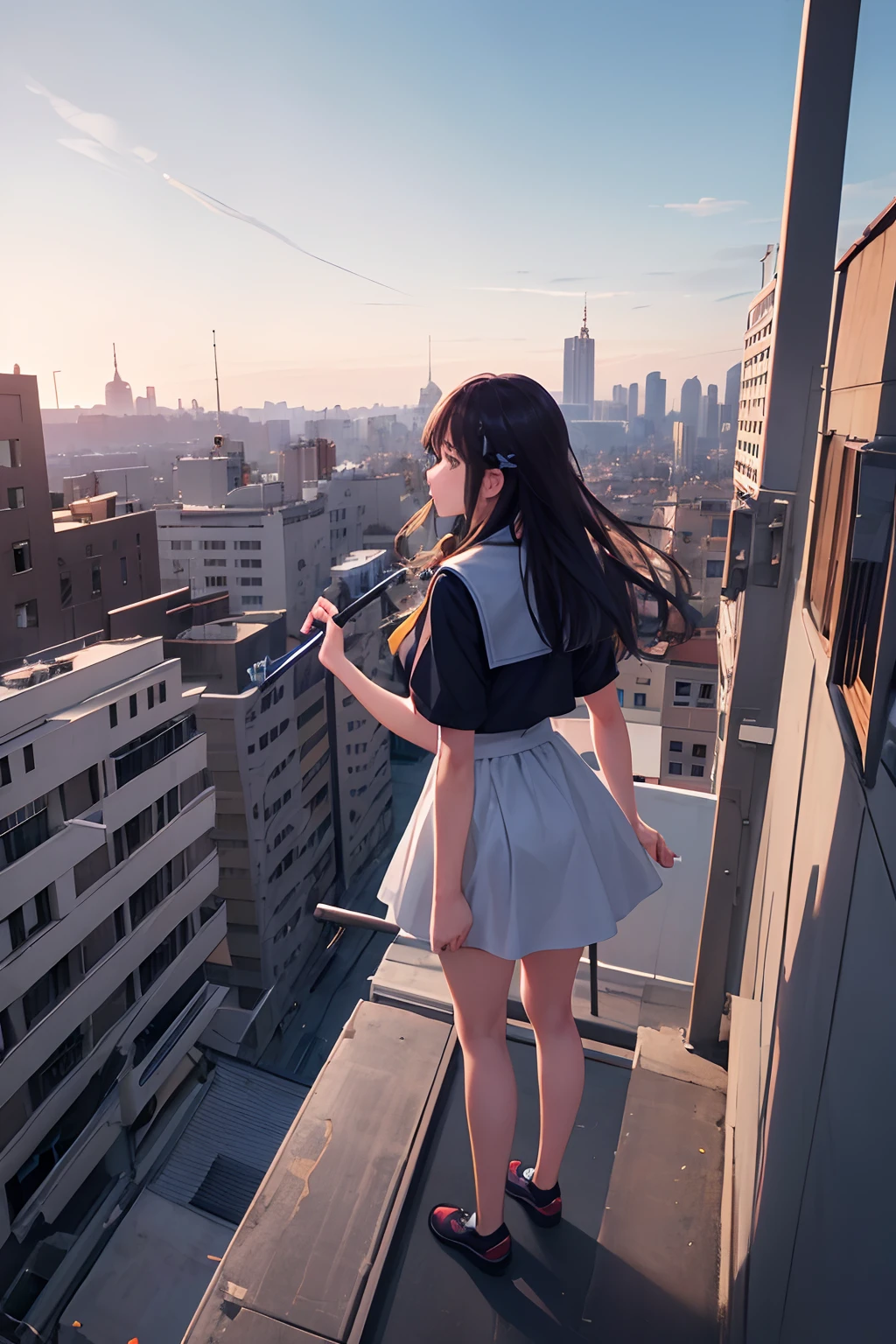 top-quality、masuter piece、8k、Hi-Res、Photoreal Stick、Ultra-precision painting、Girl's back view、Girl is standing on the roof of a building、student clothes、Big city building and blue sky in the background