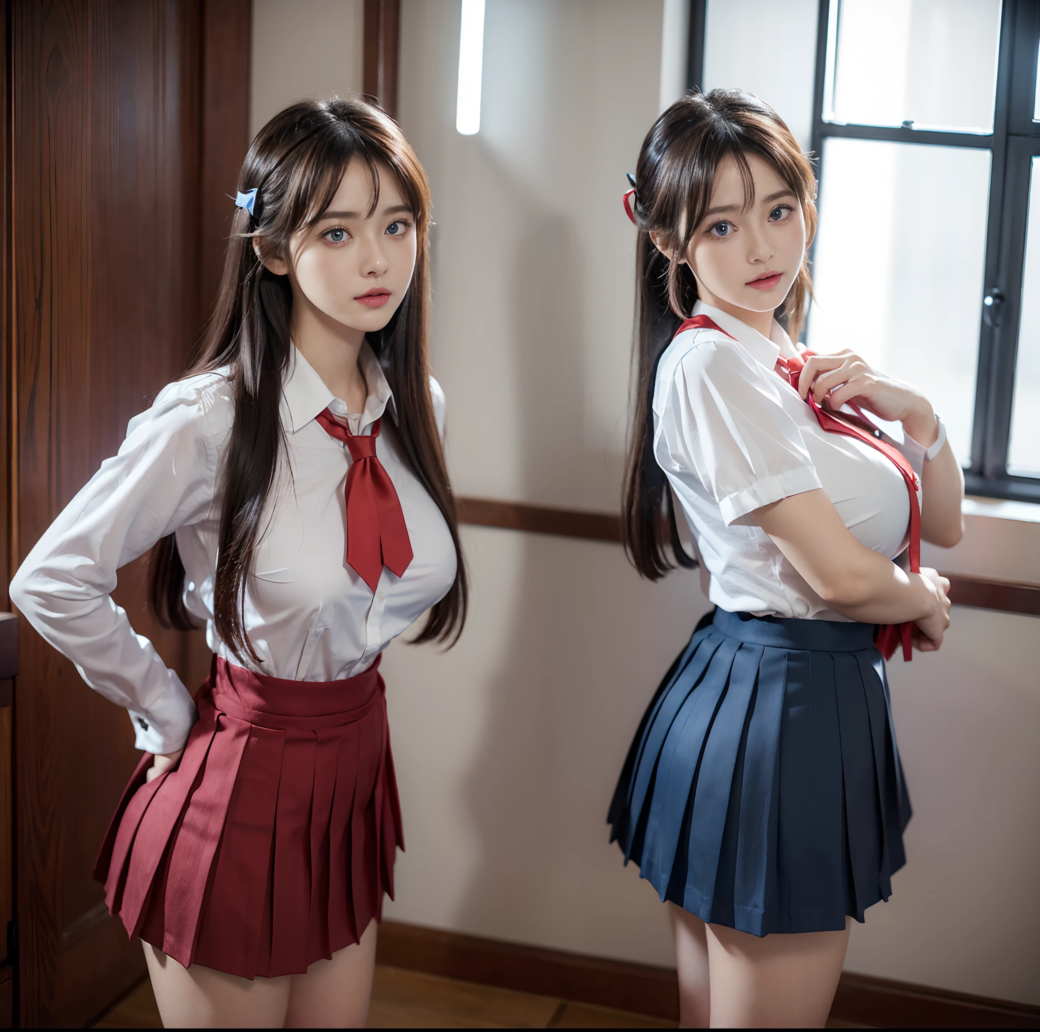 top-quality, 8K picture quality, masterpiece, A hyper-realistic, (Two girls side by side:1.2), 完璧なボディと完璧なボディとColossal breasts with tension, Bright whitening skin, A skin-tight white stretch blouse with a deep red ribbon tie., Micro mini pleated tartan check skirt, (the skirt is incredibly short:1.2), (Stick out your butt and show off your beautiful butt:1.3), (above the knee while standing), thin-waist, , (Both of us are proud of our butts.), Colossal breasts with tension