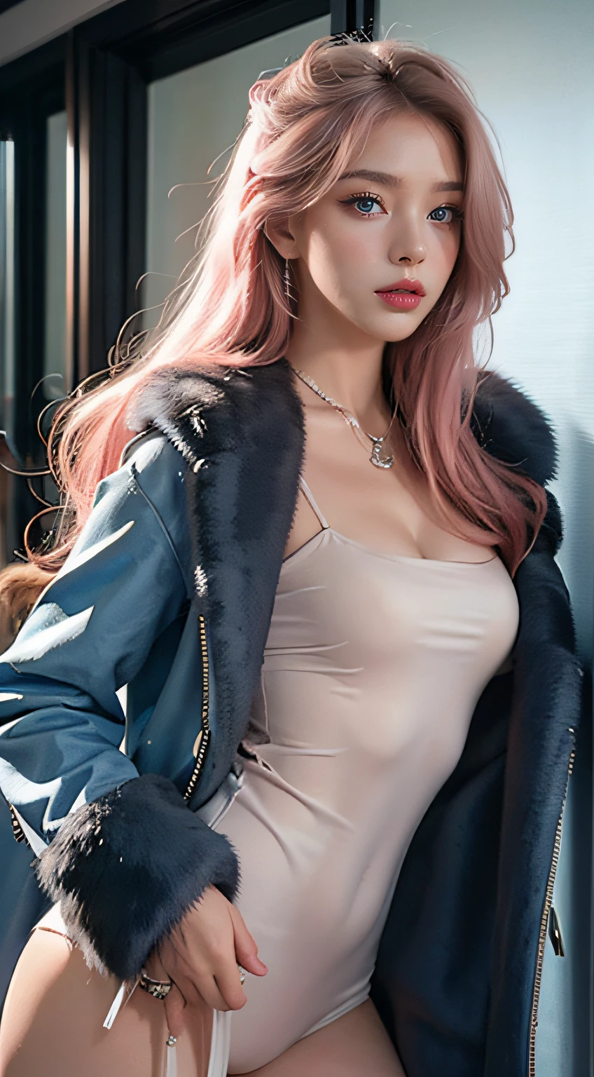 photorealistic, high resolution, 1women, shining skin, solo, jewelry, pink lips, long white hair, blue eyes, closed mouth, hips up, black fur coat,