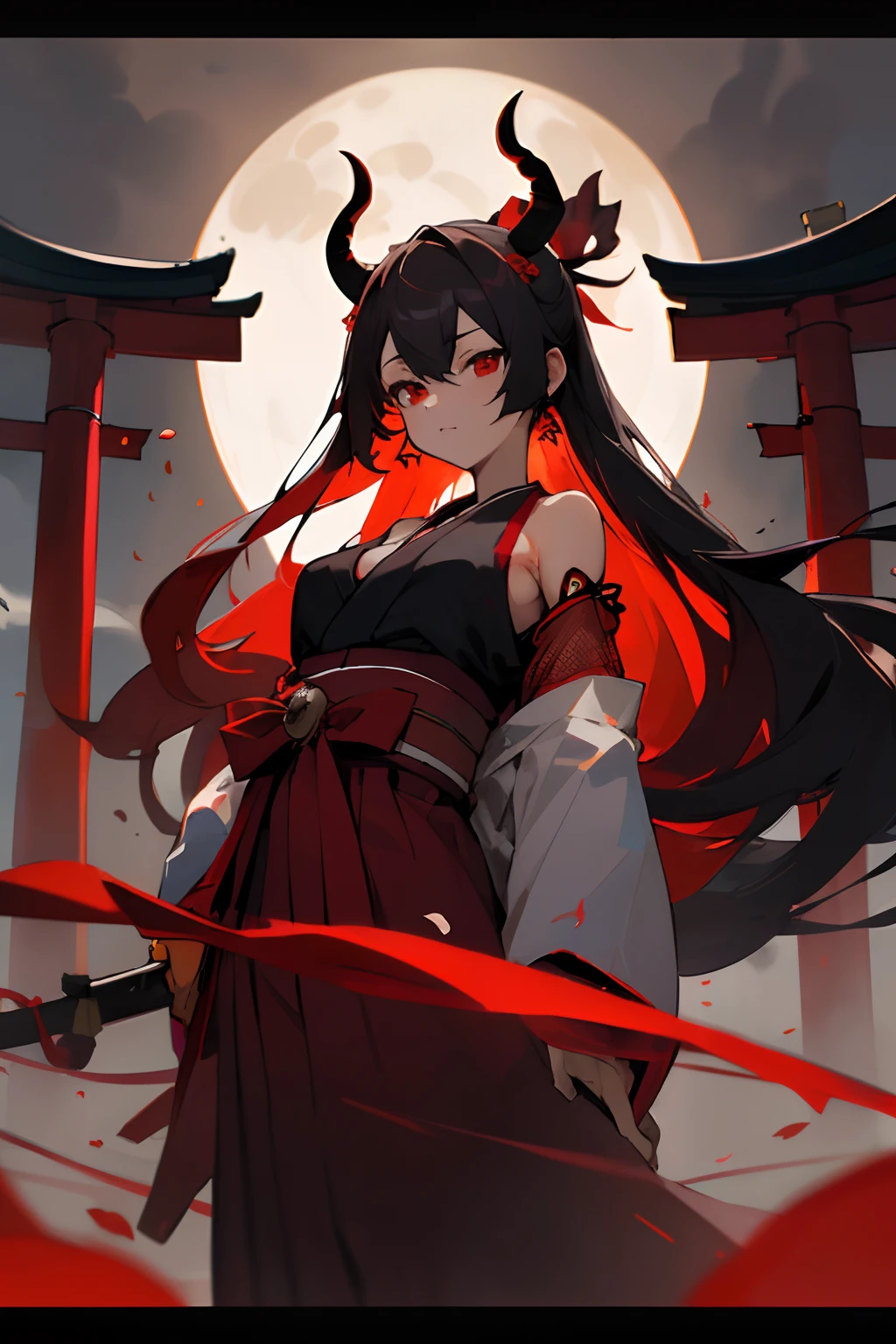((masterpiece,top-quality)),1People Girls,s girl, A dark-haired, cherry trees, natta, fullmoon,florals, Red mesh,Zito-order , Komono,The long-haired,,Obi,Geta,torii gate, Demon Horns, Tattered Hakama,red eyes,Bare shoulders,Colossal tits,Exposed to the chest,frontage