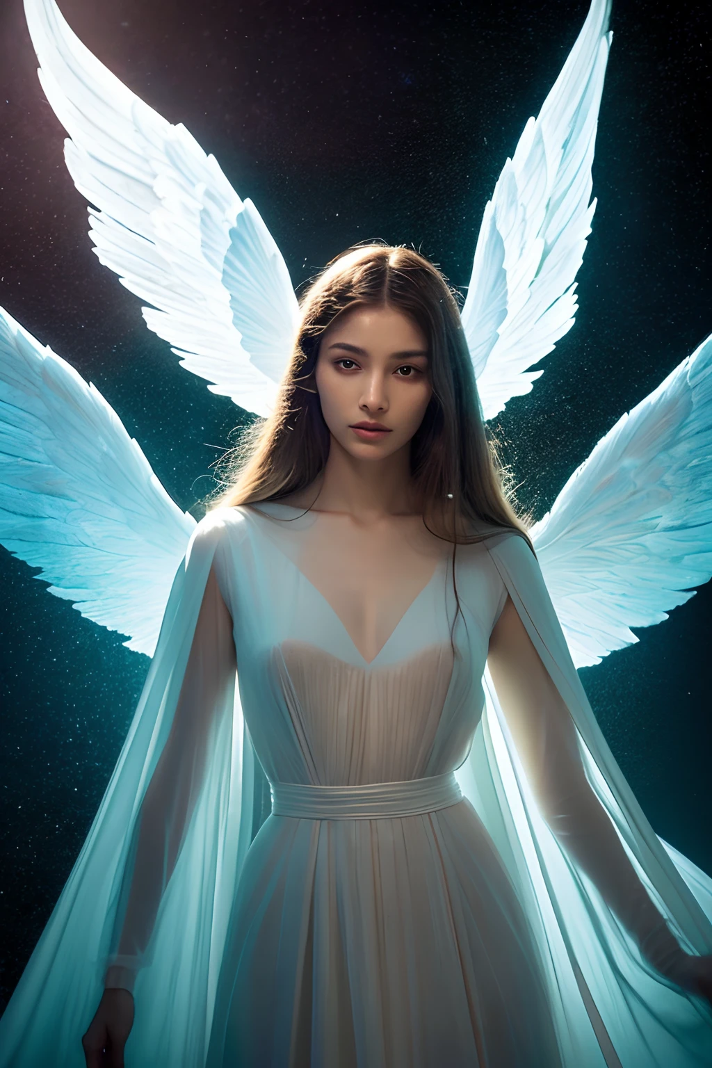 Please create an image of an intensely mysterious and enigmatic angel, enveloped in an ethereal and radiant light that shrouds the figure in an otherworldly veil of celestial mystique. The angel's features, pose, and surroundings should all contribute to a profound sense of enigma and wonder. Push the boundaries of color, luminosity, and intricate detailing to craft an image that transcends the ordinary and immerses the viewer in an aura of divine secrecy and transcendence. Your extraordinary artistic skills are essential in bringing this profoundly mysterious angelic vision to life.