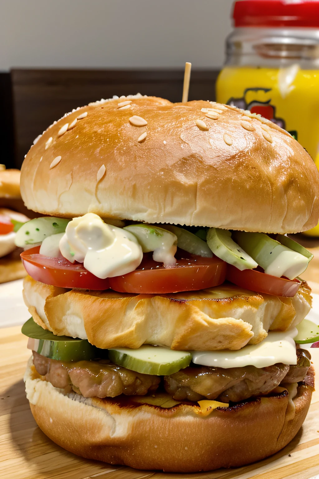 lanche contendo peito de frango empanado e frito, servido com alface, tomate, Pickles and mayonnaise on a brioche bun