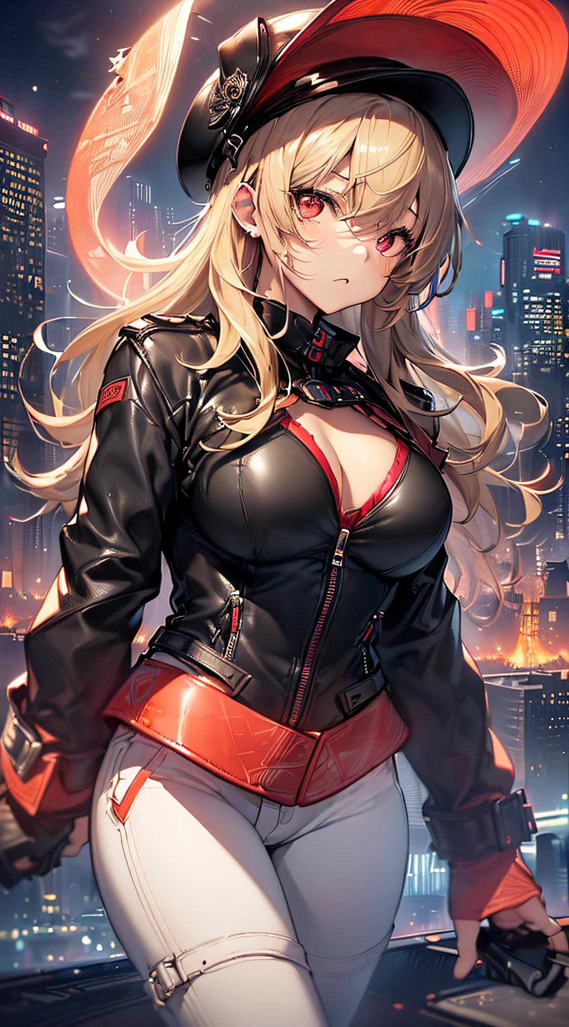 top-quality、Top image quality、masterpiece、girl with((cute little、18year old、Best Bust、Medium bust、Bust 85,Red eyes to issue、Breasts wide open,Valley、Blonde long hair、A slender、Black leather bra、Black leather jacket、White pants、astonished face、Black leather hat)hiquality、Beautiful Art、Background with((nightcity、The ground glows red、weightless、Weightless world、City of weightlessness、)),masutepiece、Elaborate design、visualart、depth of fields、The best lighting、highestdetailed、
