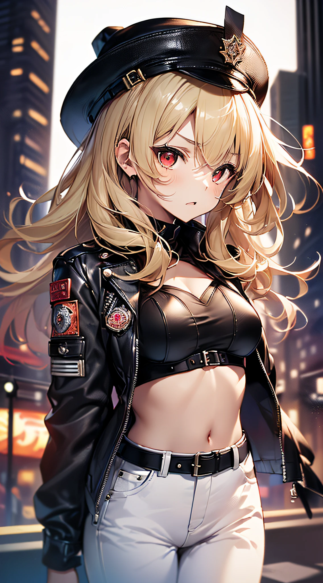 最high quality、best image quality、masterpiece、age girl((20-year-old、 By becoming、vest bust、medium bust,wide open breast tea、black eye, blonde hair、long hair、thin,highest valley、Rear view、blue sports bra、big rose tattoo on back、green long pants)),high quality、beautiful art、background((Red smoke))debris flies、Depth of written boundary、movie、visual art、perfect art、8K,genuine