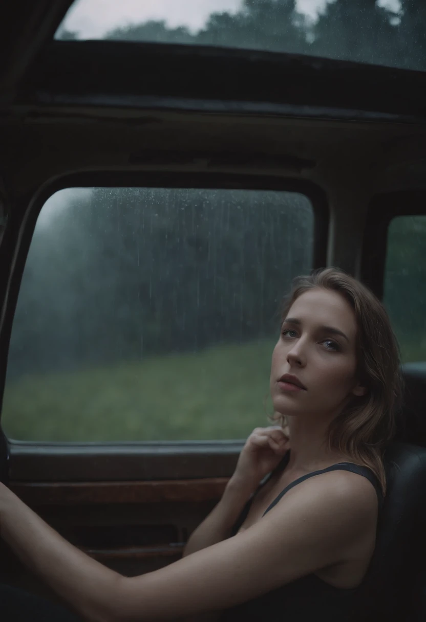 Woman lying in the back seat of a van, Late night rain, inspired by Gregory Crewdson, , A Time to Die, in the evening , in rainy weather, Rain Aesthetics, still from a music video, the night, cinematic still