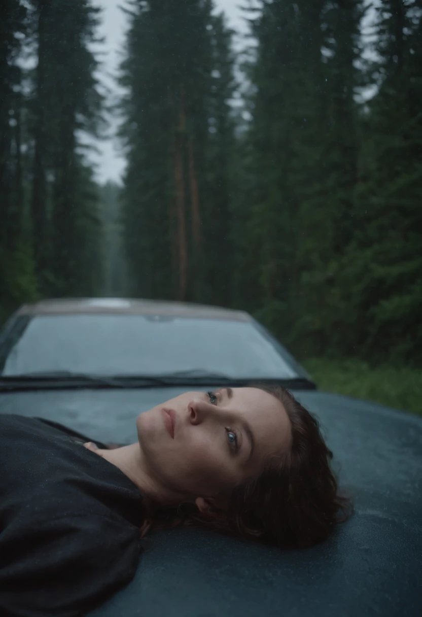 Woman lying in the back seat of a van, Late night rain, inspired by Gregory Crewdson, , A Time to Die, in the evening , in rainy weather, Rain Aesthetics, still from a music video, the night, cinematic still