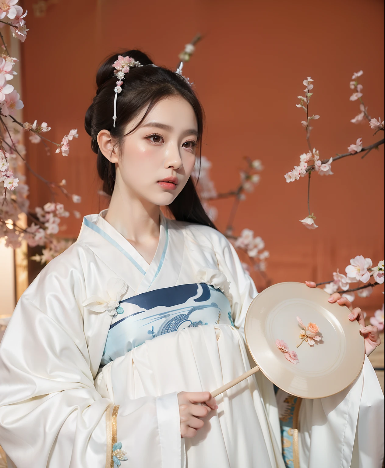 Araki woman in a white dress holds a fan and a white hat, Palace ， A girl in Hanfu, Wearing ancient Chinese clothes, White Hanfu, Hanfu, Traditional Chinese clothing, with acient chinese clothes, Chinese traditional, Chinese costume, inspired by Qian Du, Princesa chinesa antiga, Chinese style, Inspired by Qiu Ying，good eyes，sideface，Soft portrait shot 8 K，