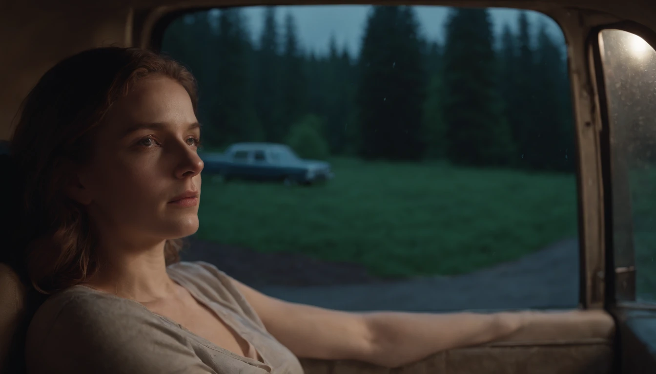 Woman lying in the back seat of a van, Late night rain, inspired by Gregory Crewdson, , A Time to Die, in the evening , in rainy weather, Rain Aesthetics, still from a music video, the night, cinematic still