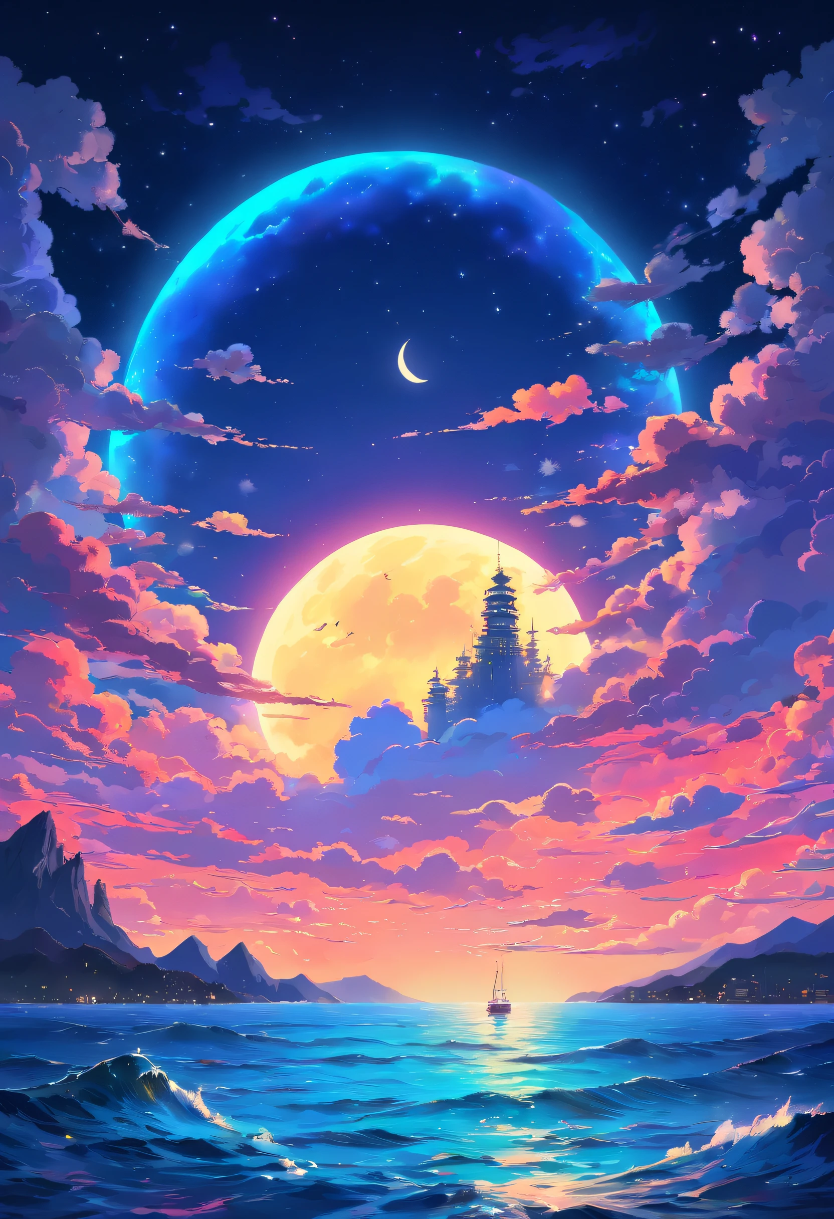 Neon Light Art, In the dark of night, Sea, Clouds, Moon, Stars, Colorful, Detailed, 4K