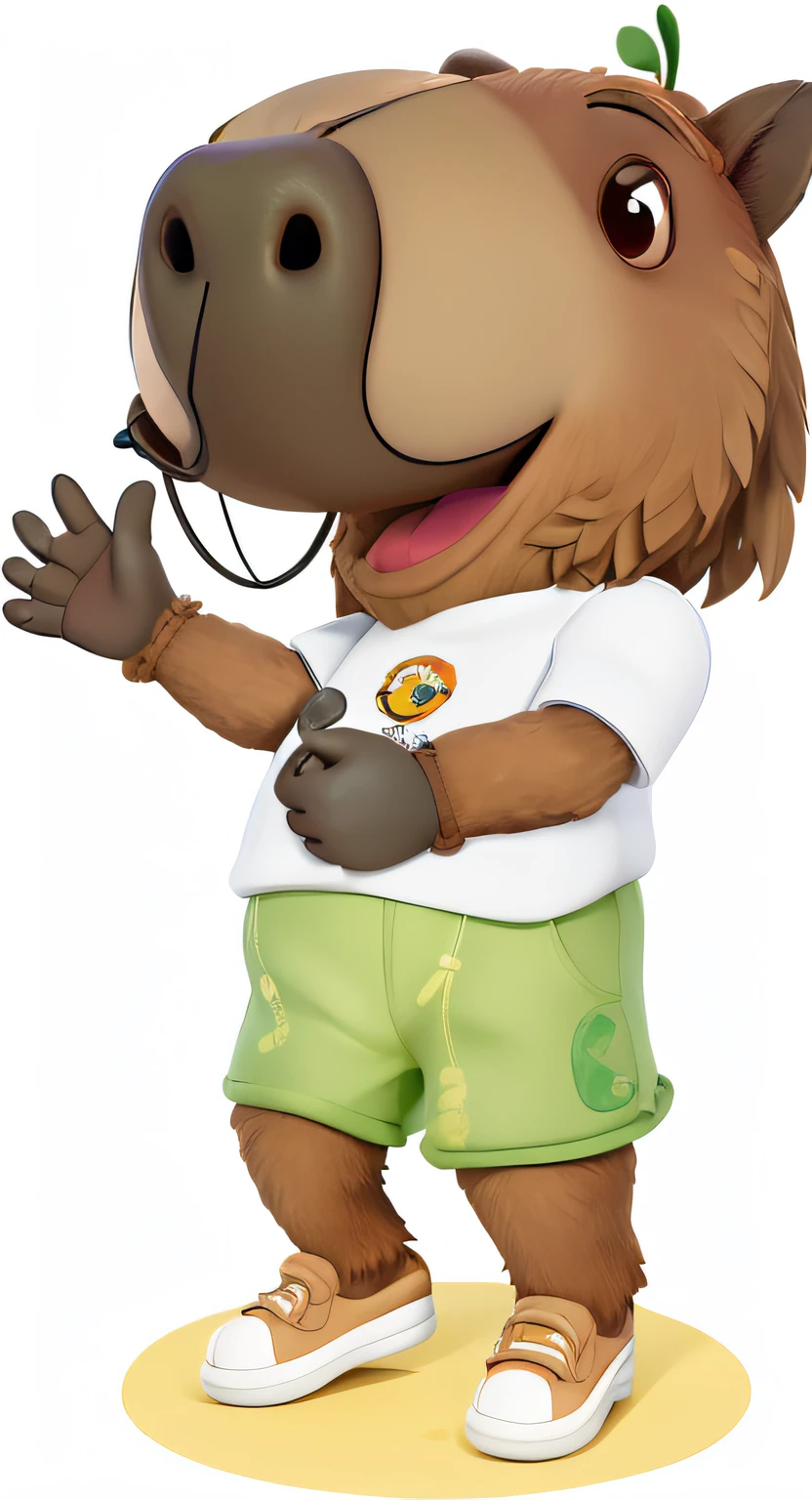 urso dos desenhos animados com uma camisa branca e shorts verdes acenando, mascote esportivo, Mascot illustration, mascote de corpo inteiro, mascote da equipe esportiva, mascote do futebol, anthropomorphic beaver, anthropomorphic otter in costume, mascote de cereais, anthropomorphic sloth, official illustration, official character illustration, Giga Chade Capaybara, arte vetorial cel sombreada, Criado no Adobe Illustrator