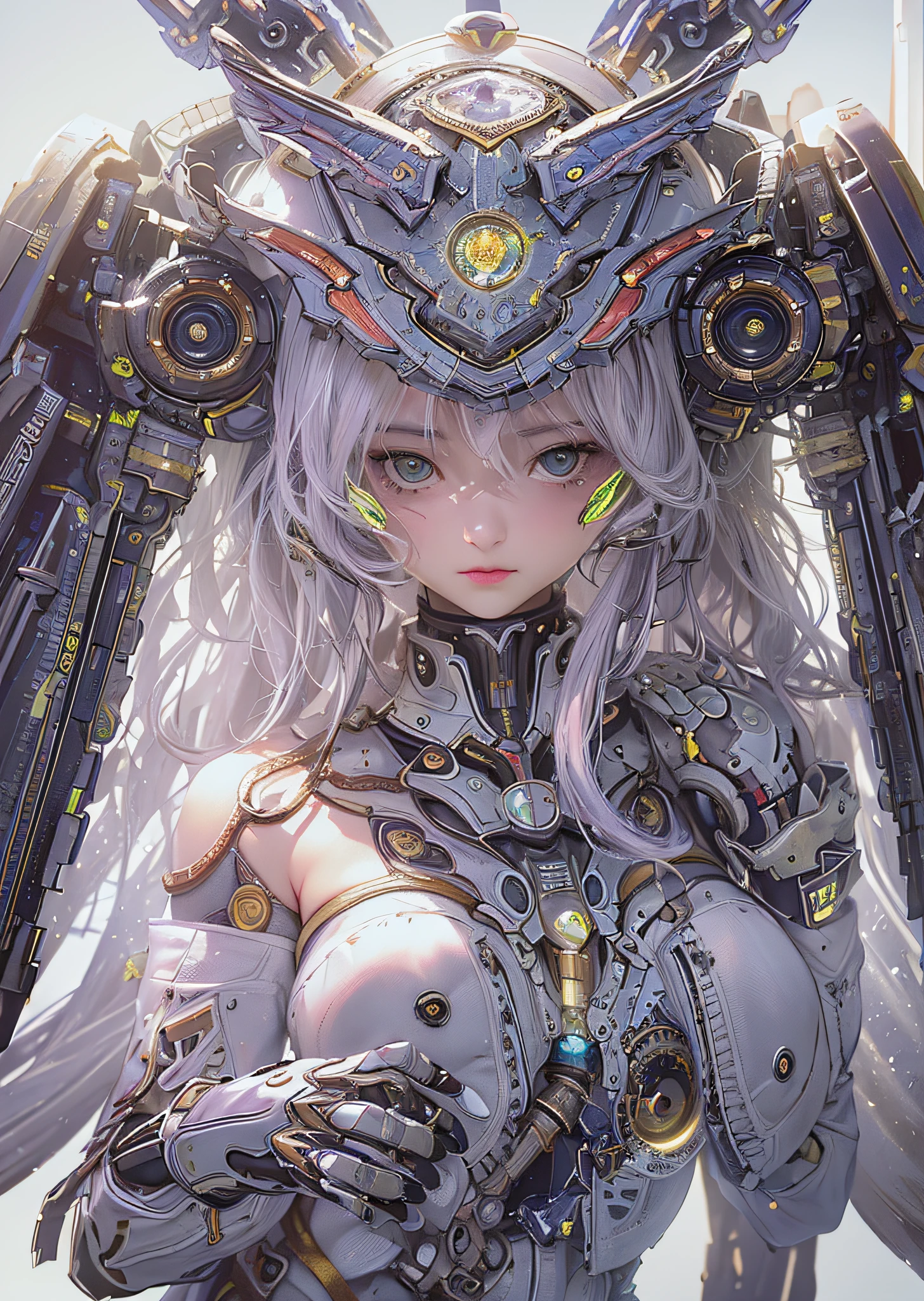 top-quality、​masterpiece、超A high resolution、(Photorealsitic:1.4)、Raw photo、Steampunk Battle Cyborg Angel、large wings made of metal、White porcelain body、Acrylic Clear Cover、white  hair、glowy skin、1 Cyborg Girl、((super realistic details))、portlate、globalillumination、Shadow、octan render、8K、ultrasharp、character edge light,Colossal tits、Raw skin is exposed in cleavage、Details of complex ornaments、Sumerian details、Hydraulic cylinder、Small LED lamp、highly intricate detail、Realistic light、a purple eye、radiant eyes、Facing the camera、neon details、cowboy  shot、Futuristic headgear、About Cyberpunk、The creature's