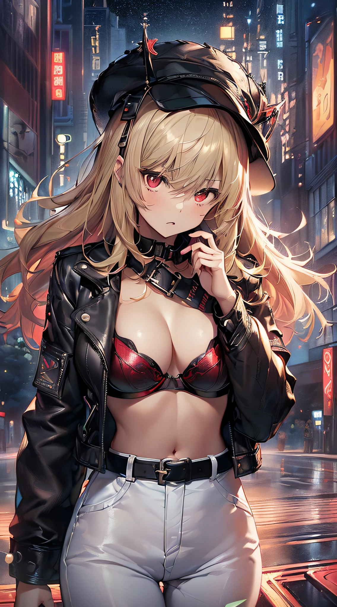 top-quality、Top image quality、masterpiece、girl with((cute little、18year old、Best Bust、Medium bust、Bust 85,Red eyes to issue、Breasts wide open,Valley、Blonde long hair、A slender、Black leather bra、Black leather jacket、White pants、astonished face、Black leather hat)hiquality、Beautiful Art、Background with((nightcity、The ground glows red、weightless、Weightless world、City of weightlessness、)),masutepiece、Elaborate design、visualart、depth of fields、The best lighting、highestdetailed、