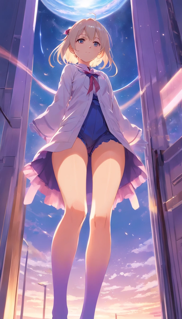 best qualtiy， tmasterpiece， 超高分辨率， realisticlying， 1 girl， long  white hair，Heterochromic pupils，Long legs，Princess set，head looking up，cheerfulness，Purple stockings，chies，stately，wide angles