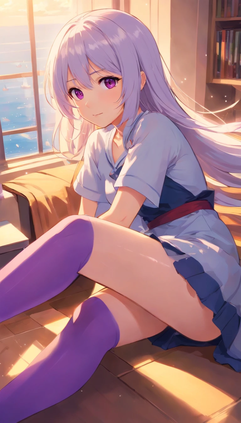 best qualtiy, tmasterpiece, 超高分辨率, realisticlying, 1 girl, long white hair,Heterochromic pupils,Long legs,Princess set,head looking up,cheerfulness,Purple stockings,chies,stately,wide angles