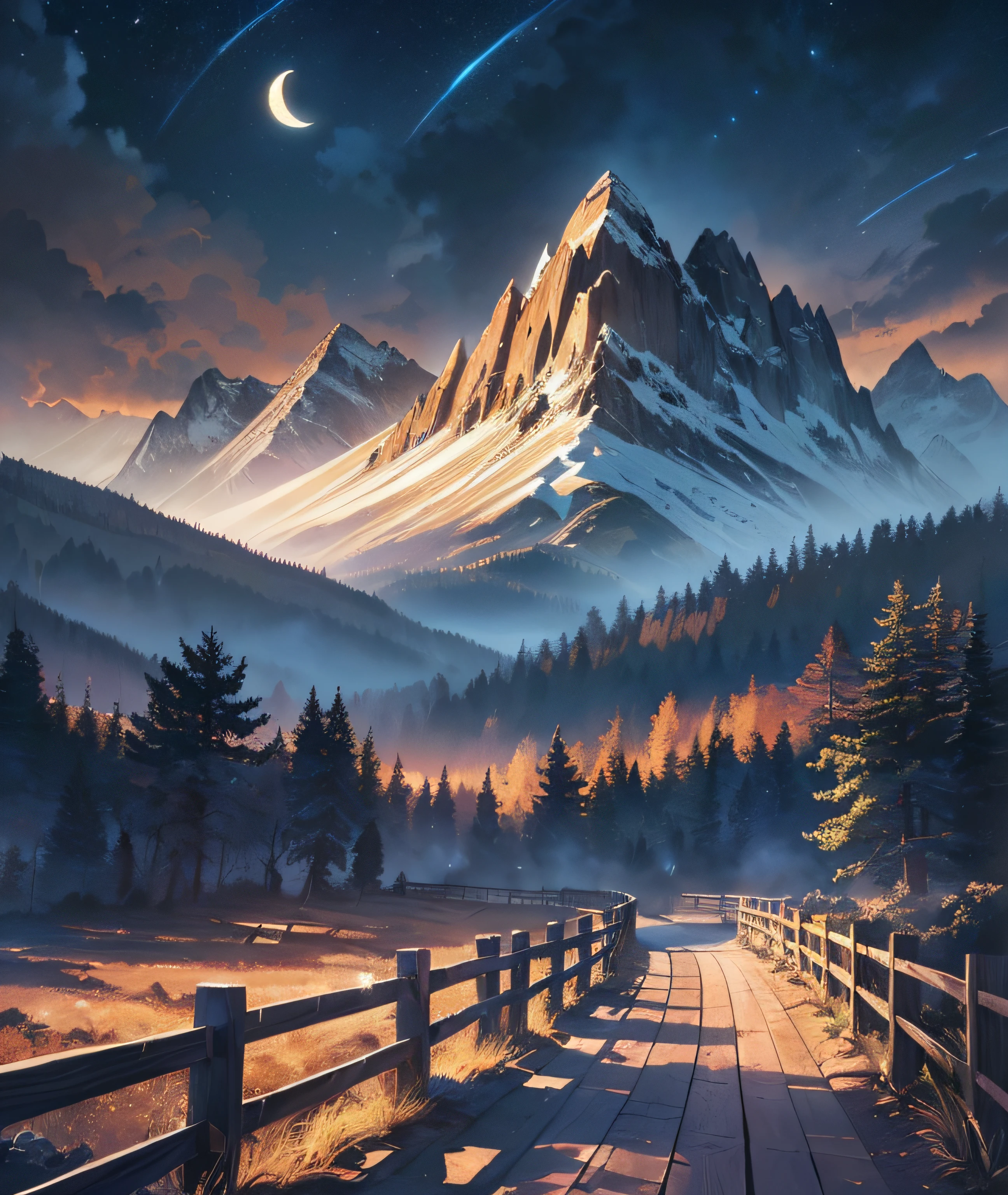Very Good 8K CG wallpaper, very fine 8K CG wallpaper, watercolor paiting (Medium), (((Dark, a dark night, deep night, the moon))) ((Sky color: Dark blue)) (((Natural background, mountainscape, Wood))), paths, Pasture, ((plein air)) (((Deleting characters))) (((Exclude users)))