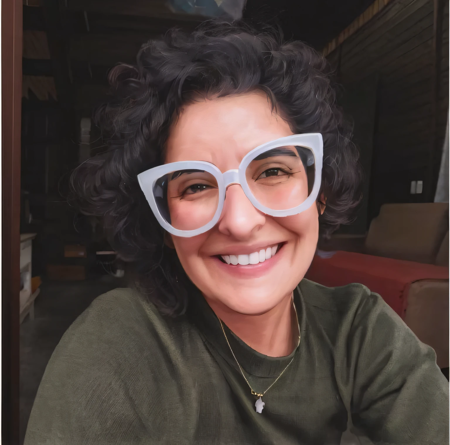 Smiling woman with glasses and a green sweater sitting at a table, thick glasses, bonito ligeiramente nerd sorriso, Thick glasses - hoops, rebecca sugar, white glasses, Justina Blakeney, copos grandes, cabelo encaracolado curto escuro sorrindo, thick rimmed-glasses, leve sorriso nerd, imagem de perfil, thick round glasses, fernanda suarez, Valentina Embaralhamento