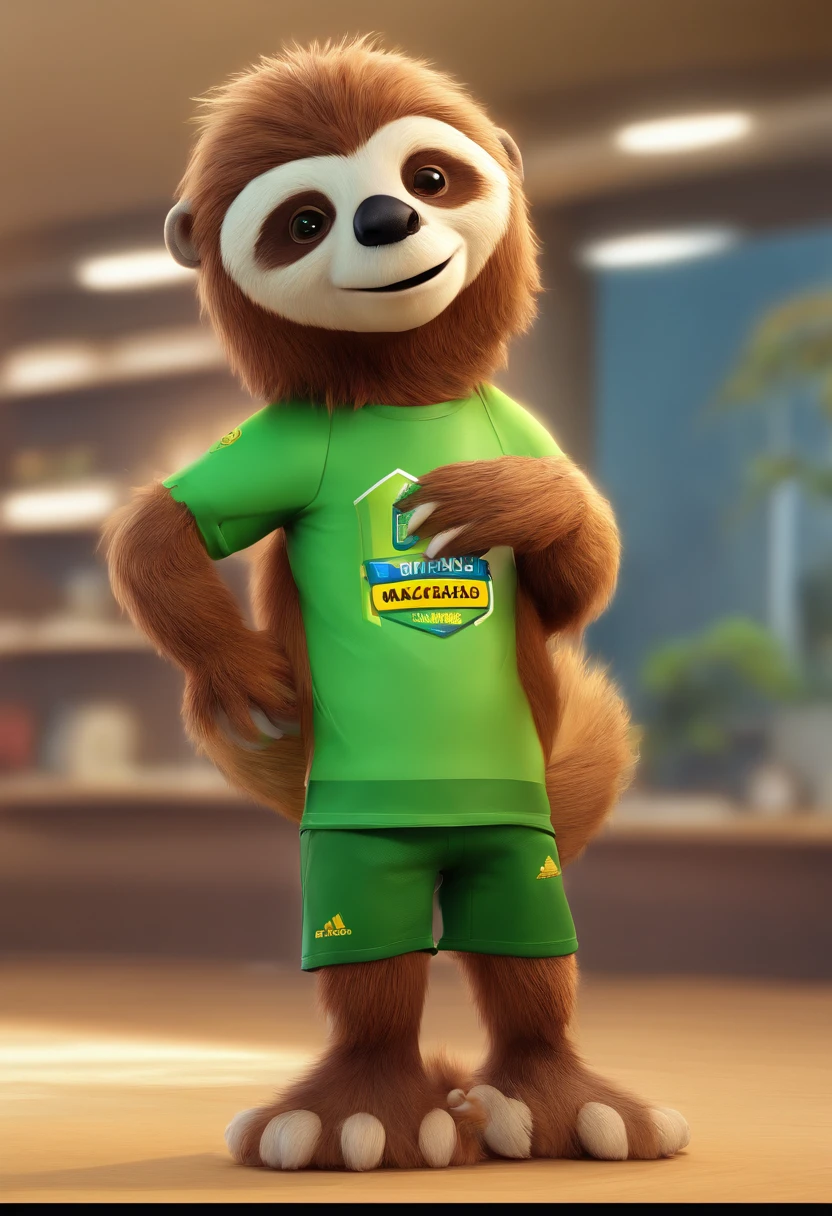 urso dos desenhos animados com uma camisa branca e shorts verdes acenando, mascote esportivo, Mascot illustration, mascote de corpo inteiro, mascote da equipe esportiva, mascote do futebol, anthropomorphic beaver, anthropomorphic otter in costume, mascote de cereais, anthropomorphic sloth, official illustration, official character illustration, Giga Chade Capaybara, arte vetorial cel sombreada, Criado no Adobe Illustrator