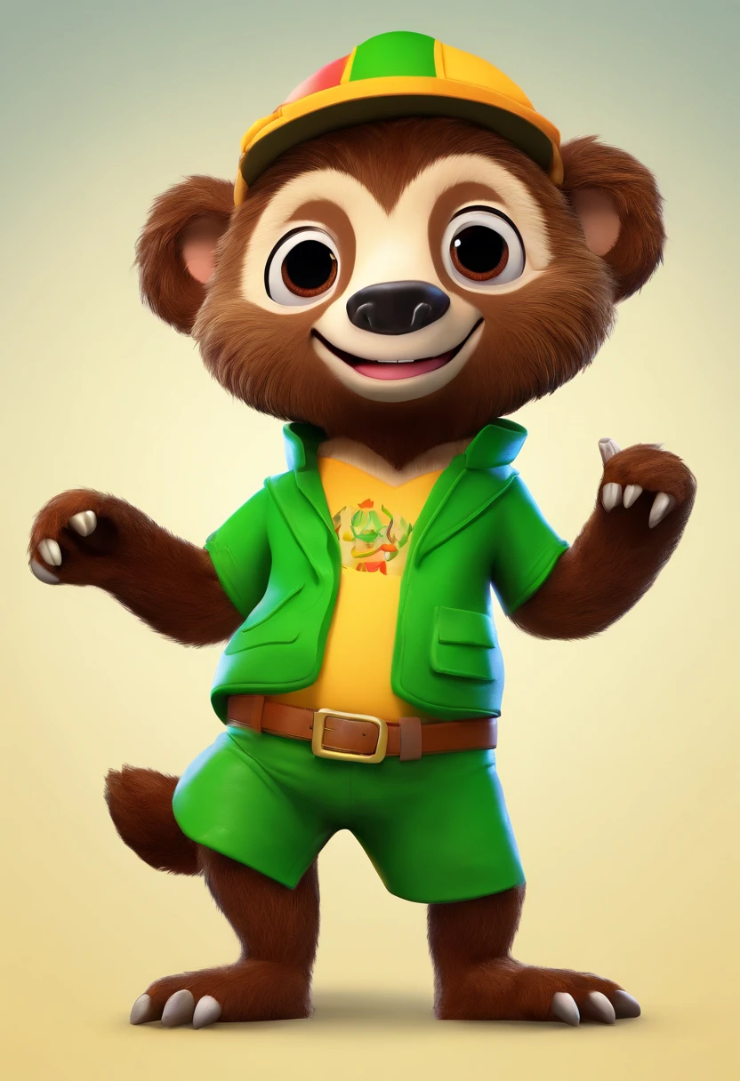 urso dos desenhos animados com uma camisa branca e shorts verdes acenando, mascote esportivo, Mascot illustration, mascote de corpo inteiro, mascote da equipe esportiva, mascote do futebol, anthropomorphic beaver, anthropomorphic otter in costume, mascote de cereais, anthropomorphic sloth, official illustration, official character illustration, Giga Chade Capaybara, arte vetorial cel sombreada, Criado no Adobe Illustrator