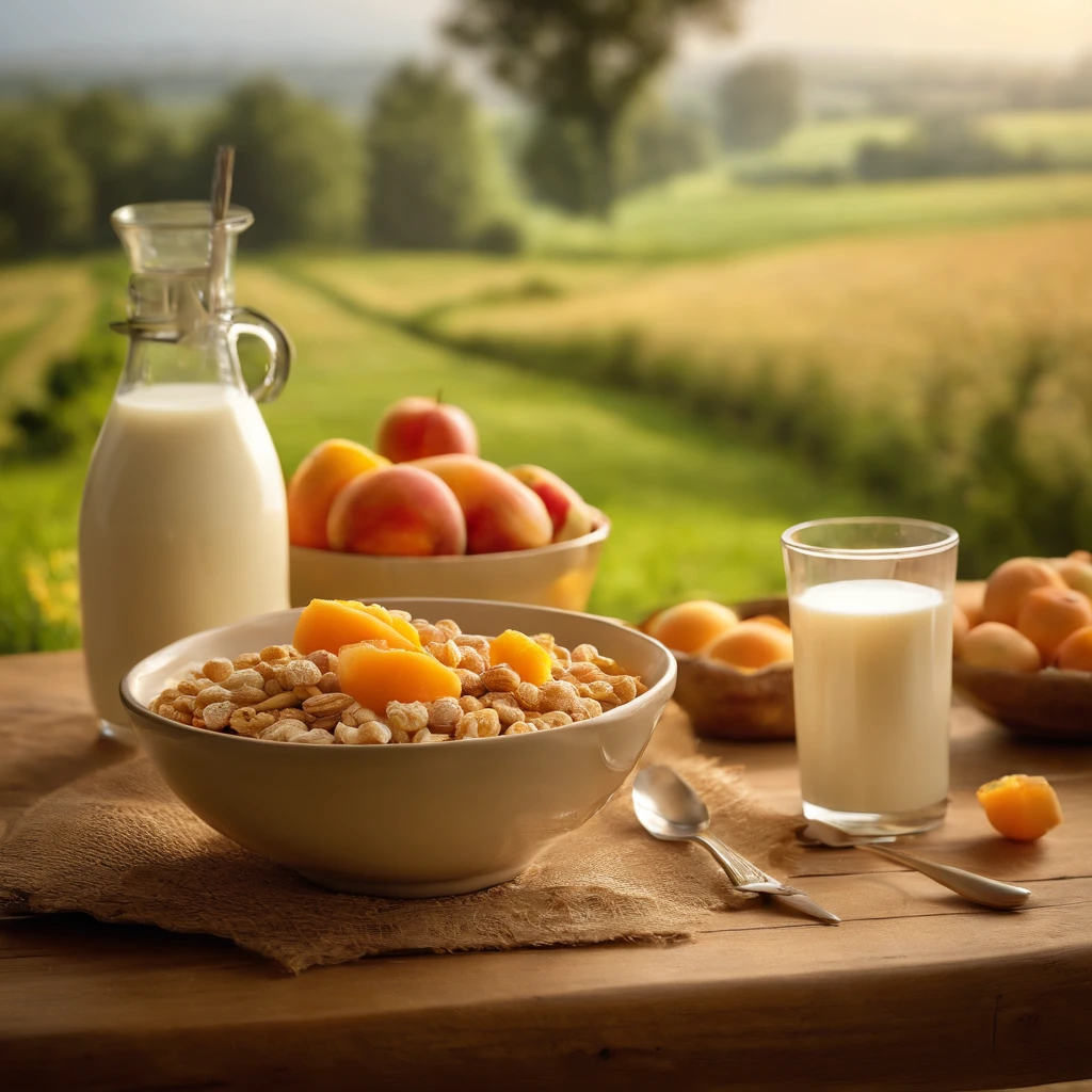 (a bowl of milk,cereal,few fruits on a breakfast table),(rustic wooden table,shimmering morning sunlight),(peaceful countryside,rolling hills,farmland),(children playing in the background),(bright and warm colors),(detailed textures),(gorgeous still life),(vibrant and delicious),(homely and inviting),(scrumptious breakfast),(dewdrops on the grass),(playful and joyful atmosphere)