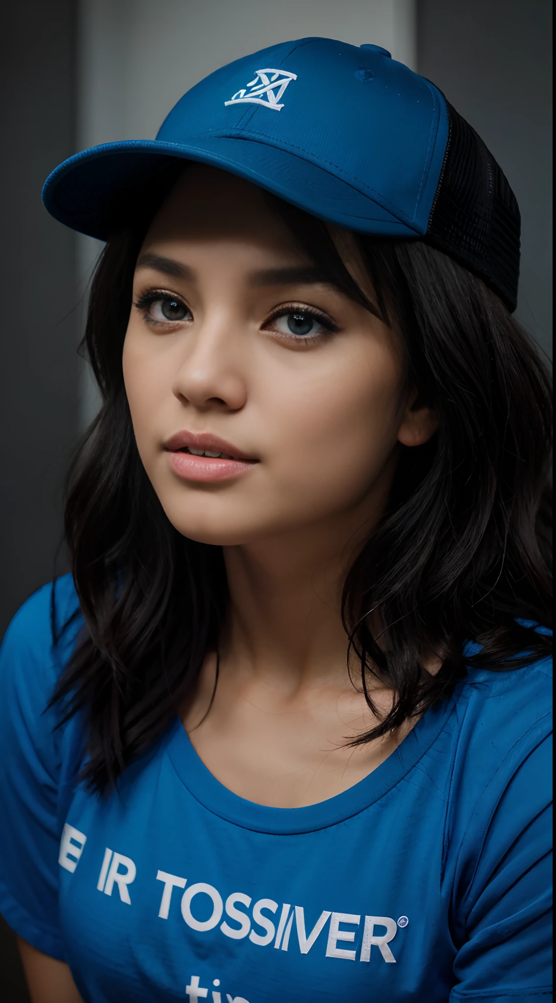 RAW Photo, DSLR BREAK (kkw-ph1:0.9) BREAK full body portrait of 1 young 20yo woman, black wavy hair, wearing vivid blue trucker cap, wearing vivid blue t shirt, perfect eyes, perfect lips, perfect nose, professional color graded, wonderful woman, dark background, cute woman, filipina, pinay, filipino woman