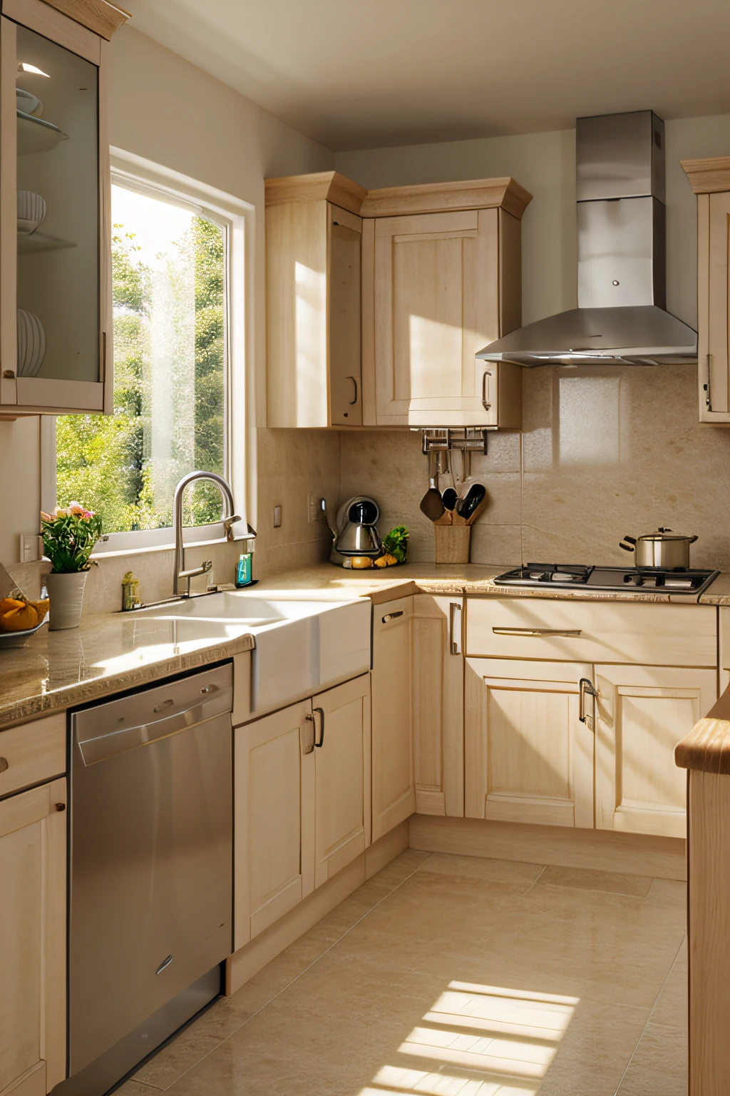 kitchen, realistic, light colours, couter top