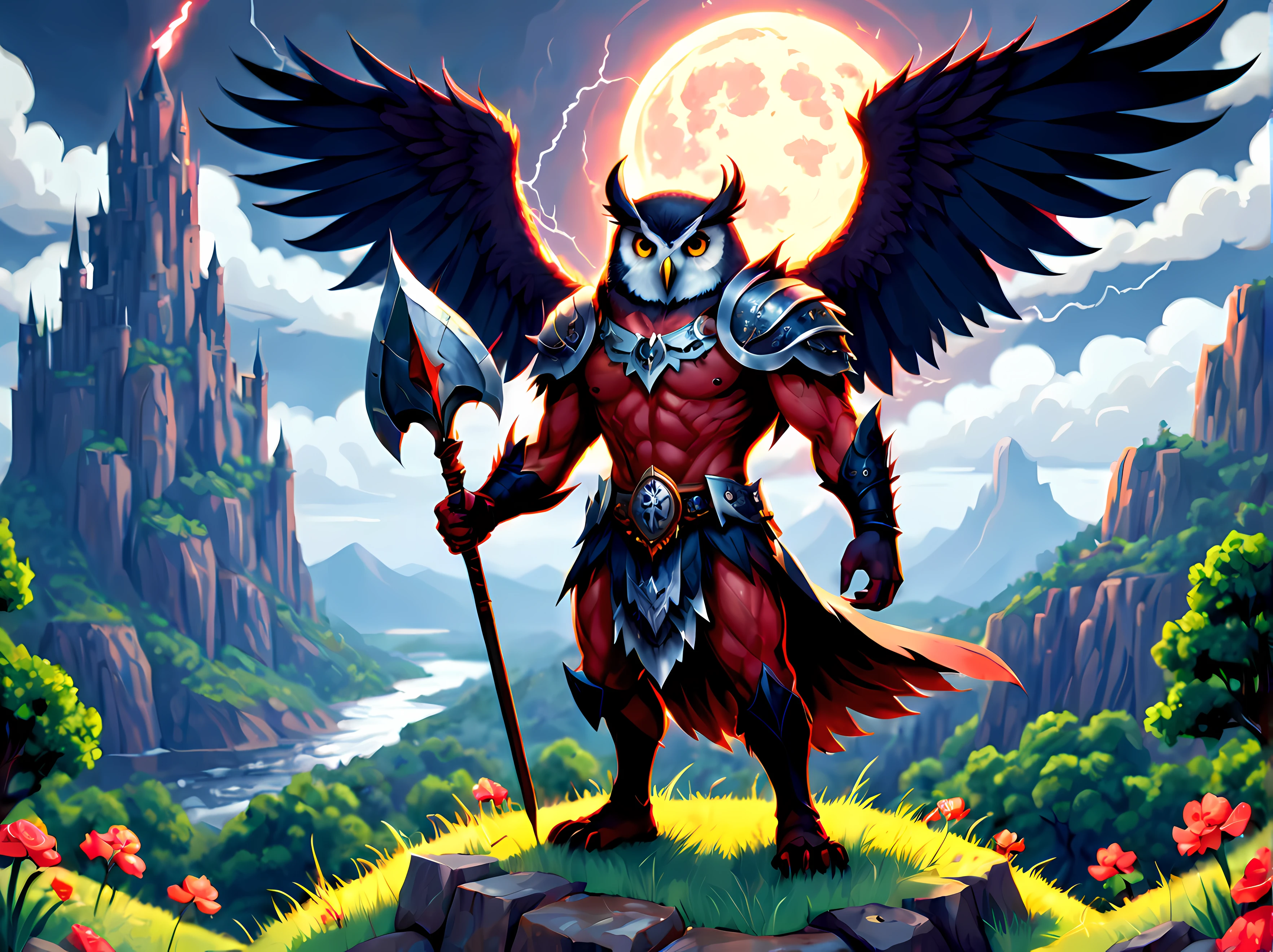 (pixel art:1.5), (solo:1.3) ([devil: owl: 0.4]:1.3) with wide powerful wings with (sharp edges:1.3), (muscular), feathers, standing on a rocky hill, amidst summer plains, (holding a legendary spear:1.3), (holding a legendary shield with demonic ornate:1.3), (thunderstorm), (lightnings:1.2), (medieval city in the distance), flowers, tall trees, river in the distance, romantic details, flowers, eerie moon, blue (mystical aura)